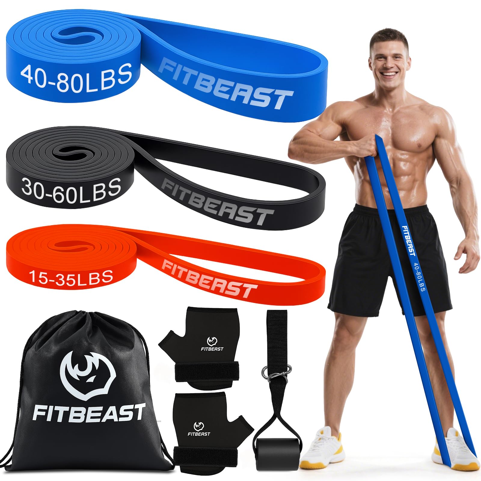 FitBeast Widerstandsbänderset, Fitnessbänder/Trainingsbänder mit Handschuhen & Türanker für Krafttraining & Training zu Hause