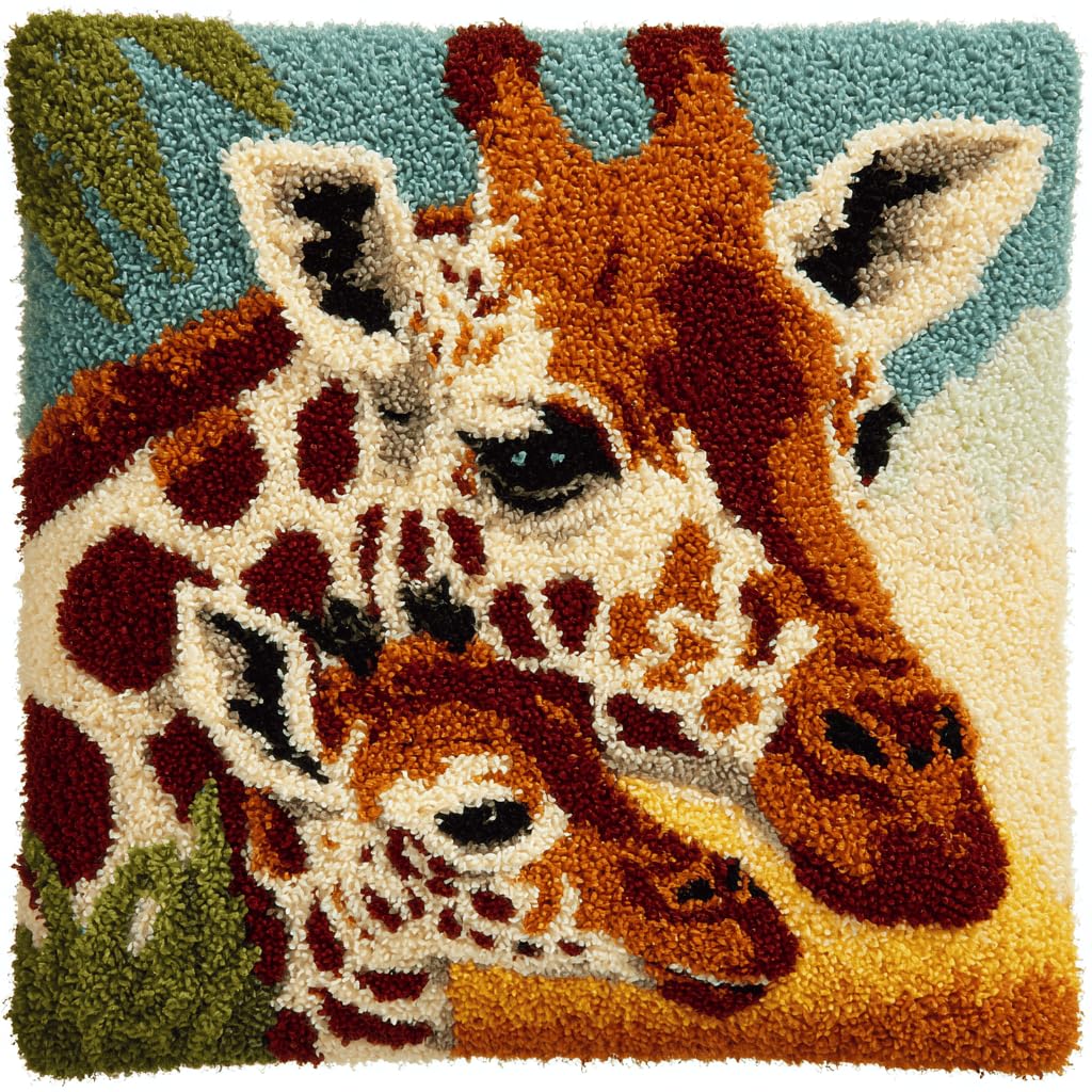 ORLUMY Latch Hook Kits Pillow Giraffes DIY Pre-Printed Craft Latch Hook Rug Kits Cross-Stitch Embroidery Pillow Cover Kit for Gifts Home Sofa Decoration 43X43Cm