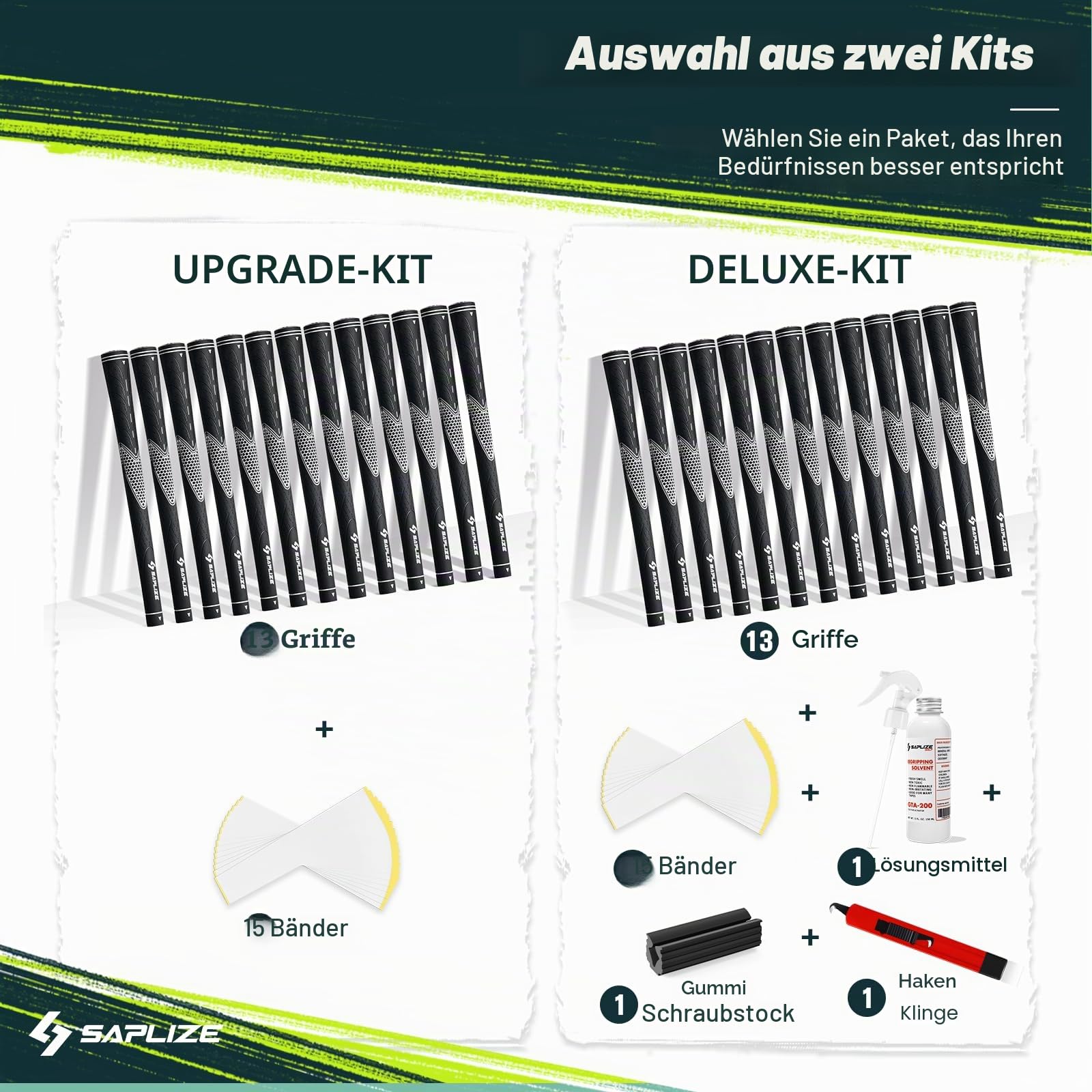 SAPLIZE Golfgriffe 13er-Set mit komplettem Regripping-Kit, Standard / Mittelklasse/übergroß, Weiß / Grün / Rot / Blau, Golfschlägergriff