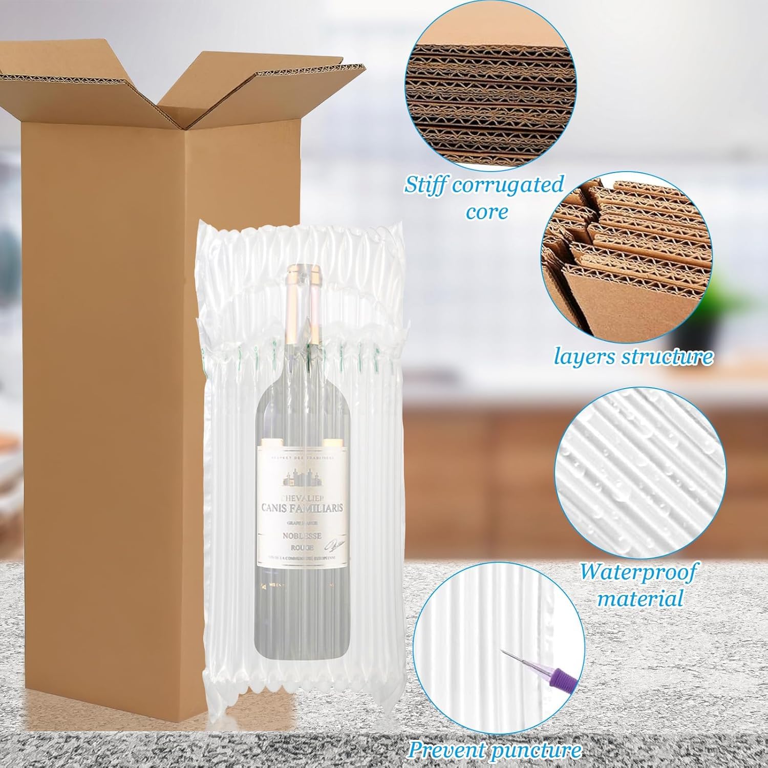 Set di 25 scatole per la spedizione di vino, 13 x 13 x 38 cm, scatole di cartone per bottiglie di vino, sacchetti protettivi e pompa, per spedizioni, viaggi, traslochi, sicurezza di bottiglie di vetro