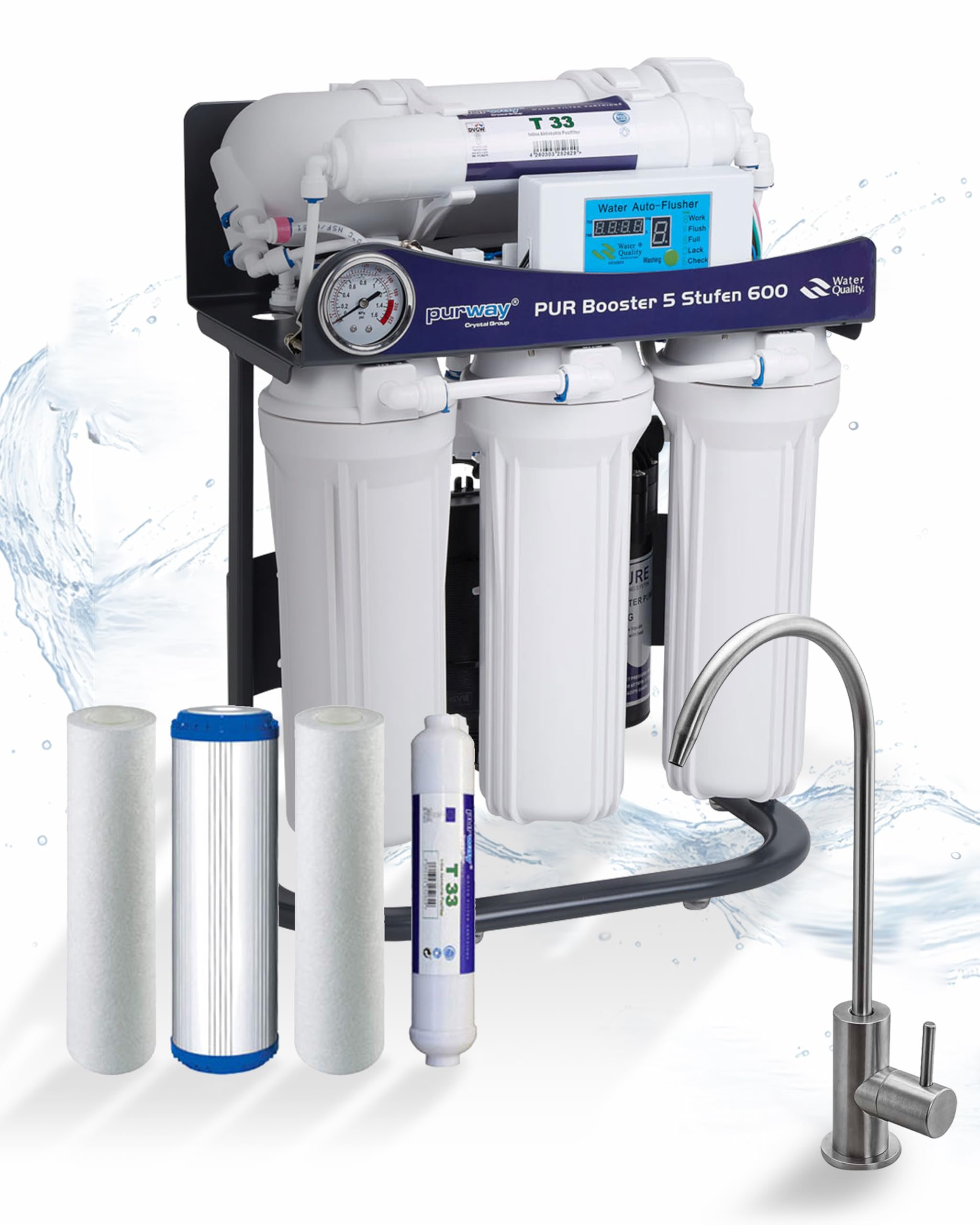 Purway Crystal Group Booster 5 Livelli 600 GPD Direct Flow Impianto Osmosi Inversa + Set Filtri Ricambio