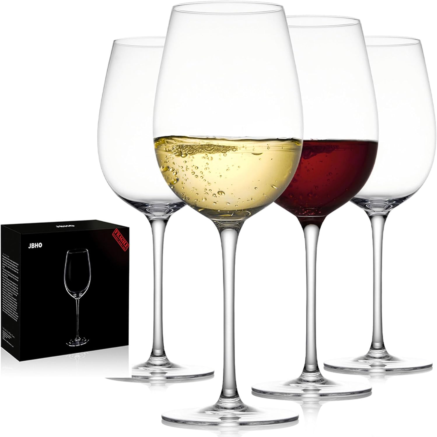 JBHO Hand Blown Italian Style Crystal White or Red Wine Glasses - Gift Packaging for Any Occasion - Lead-Free Premium Crystal Clear Glass - Set of 4-18 Ounce 4 Count (Pack of 1)