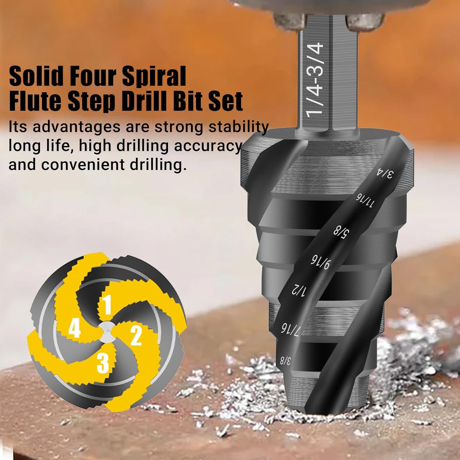 Four Spiral Flute Step Drill Bit, HSS Step Drill Bits (1/4"-3/4") Unibit Step Drill Bit, 1/4" Shank Step Bits for Aluminum, Wood, Plastic, Metal