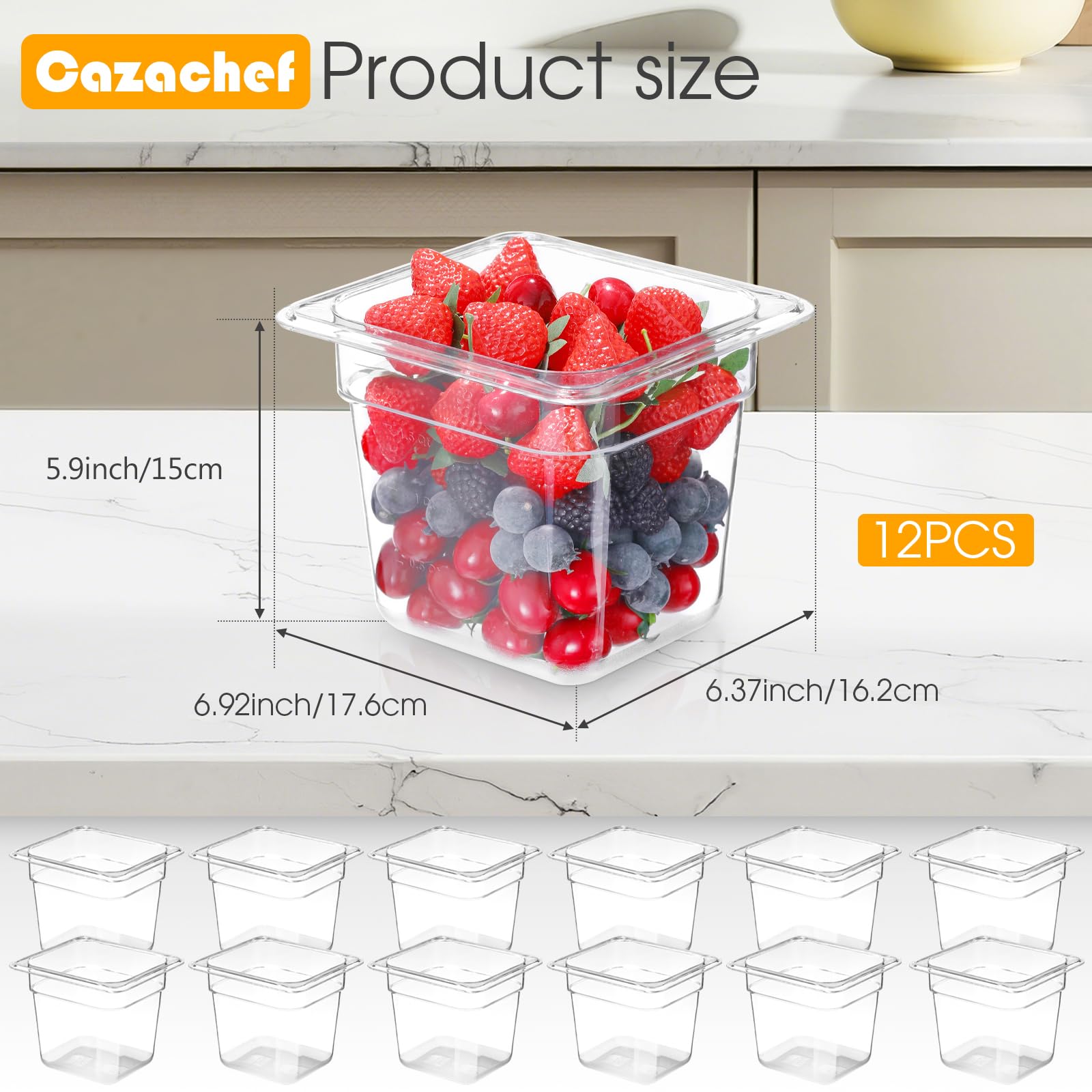 Paquete de 12 sartenes de plástico para alimentos con marcado de capacidad de 6 pulgadas de profundidad, sartenes comerciales transparentes de 1/6 sartén, contenedores de almacenamiento de