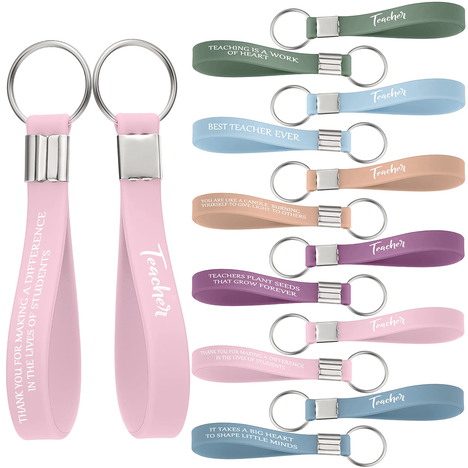 Sureio 24 Pcs Teacher Keychain Bulk Valentines Teacher Keyring Thank You Key Chain Silicone Wristbands Appreciation Gifts