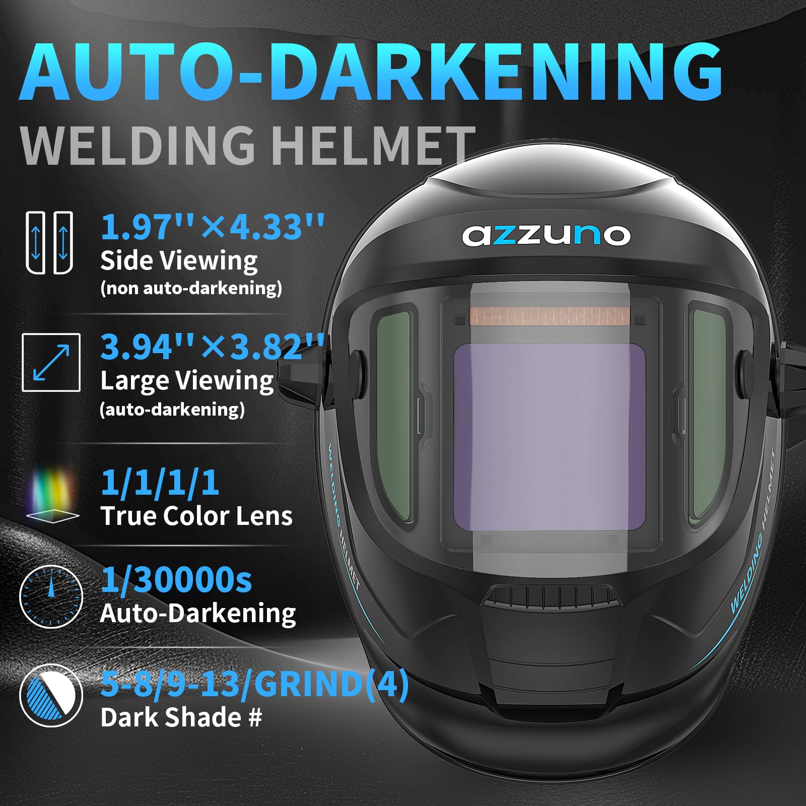 AZZUNO Casco de soldadura de oscurecimiento automático, visión grande de 3.94 x 3.82 pulgadas con vista lateral de 1.97 x 3.8 pulgadas, máscara de capucha de soldadura alimentada por energía solar con