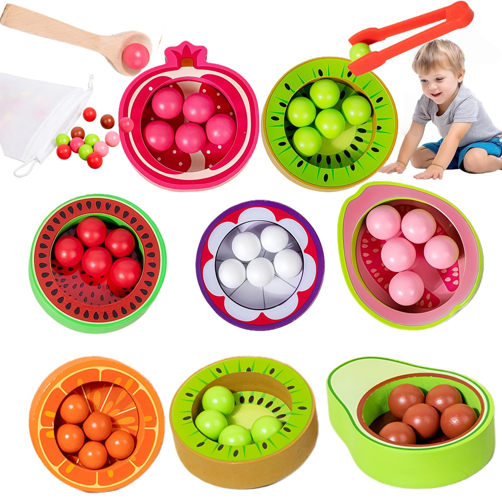 Muslecid Montessori Toys for 1 Year Old, Wooden Fruit Recognition Toddler Matching Toys,12+ Months Educational Learning Present, Colour Sorting Stacking Toy, Christmas Birthday Gifts for Boys Girls