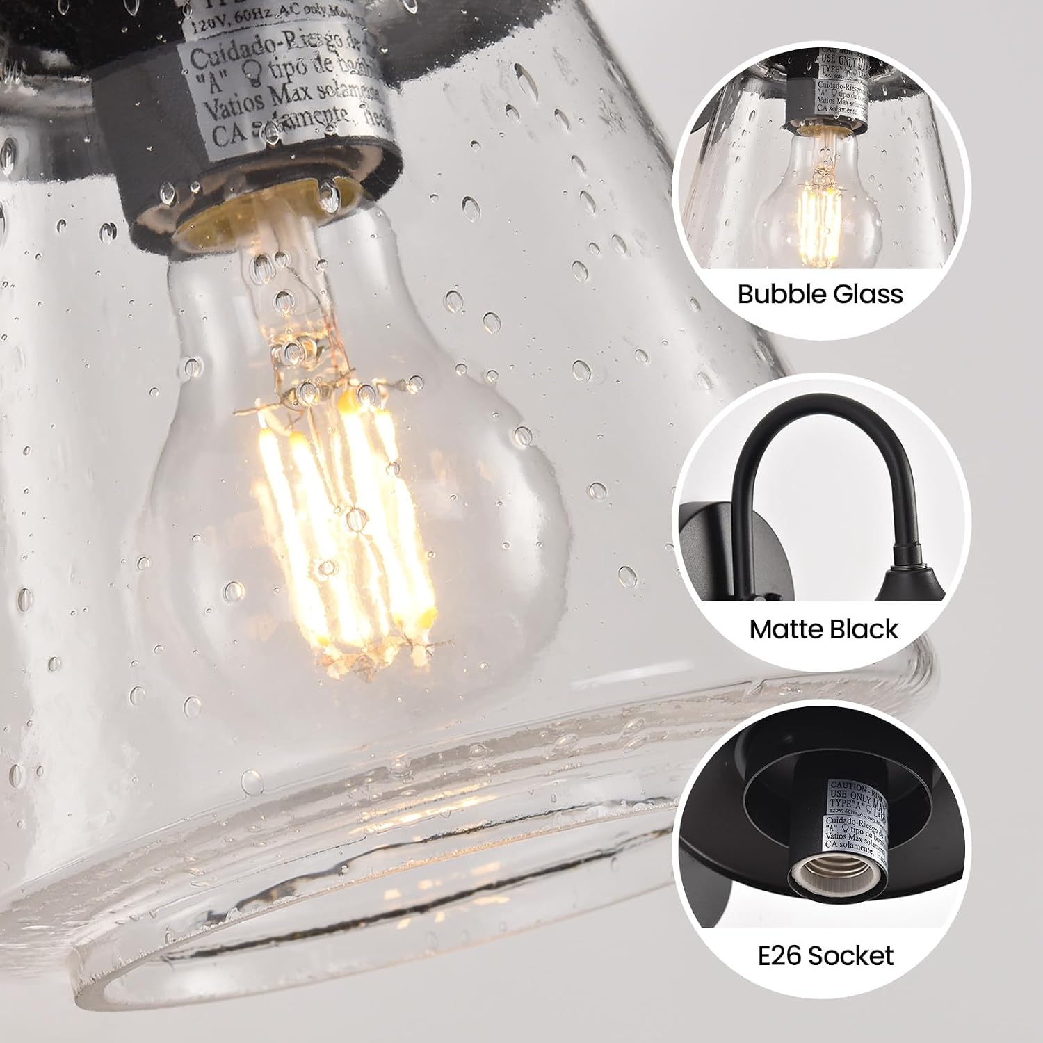 Outdoor Wall Sconce, Exterior Waterproof Wall Light Fixture, Outside Porch Light with Bubble Glass Shade, Matte Black Outdoor Wall Lantern for Patio, Garage, entryway, 2-Pack