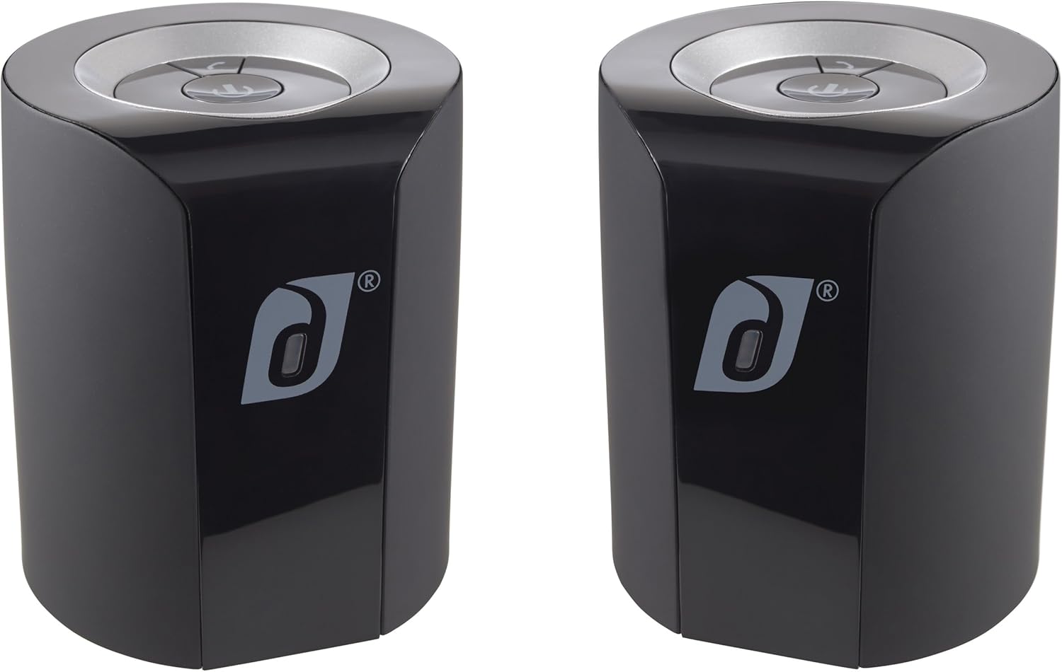 Two Damson Jet speakers shown from the top, highlighting their control panels, indicating a stereo setup.