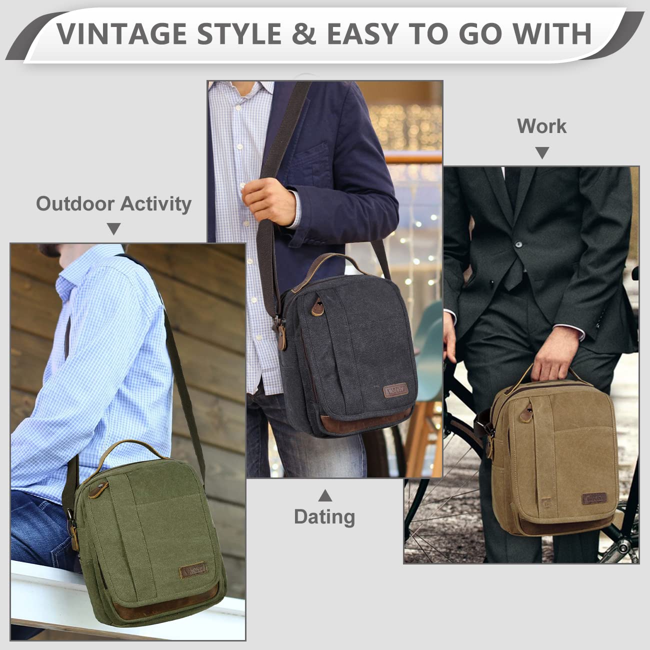 VASCHY Bolso Bandolera Hombre Pequeño de Lona y Cuero, Resistente al Agua, 7,7 L, Cabe iPad 10,2", Bolsillo Trasero Antirrobo, Múltiples Bolsillos, Para Trabajo y Viaje, Gris Oscuro