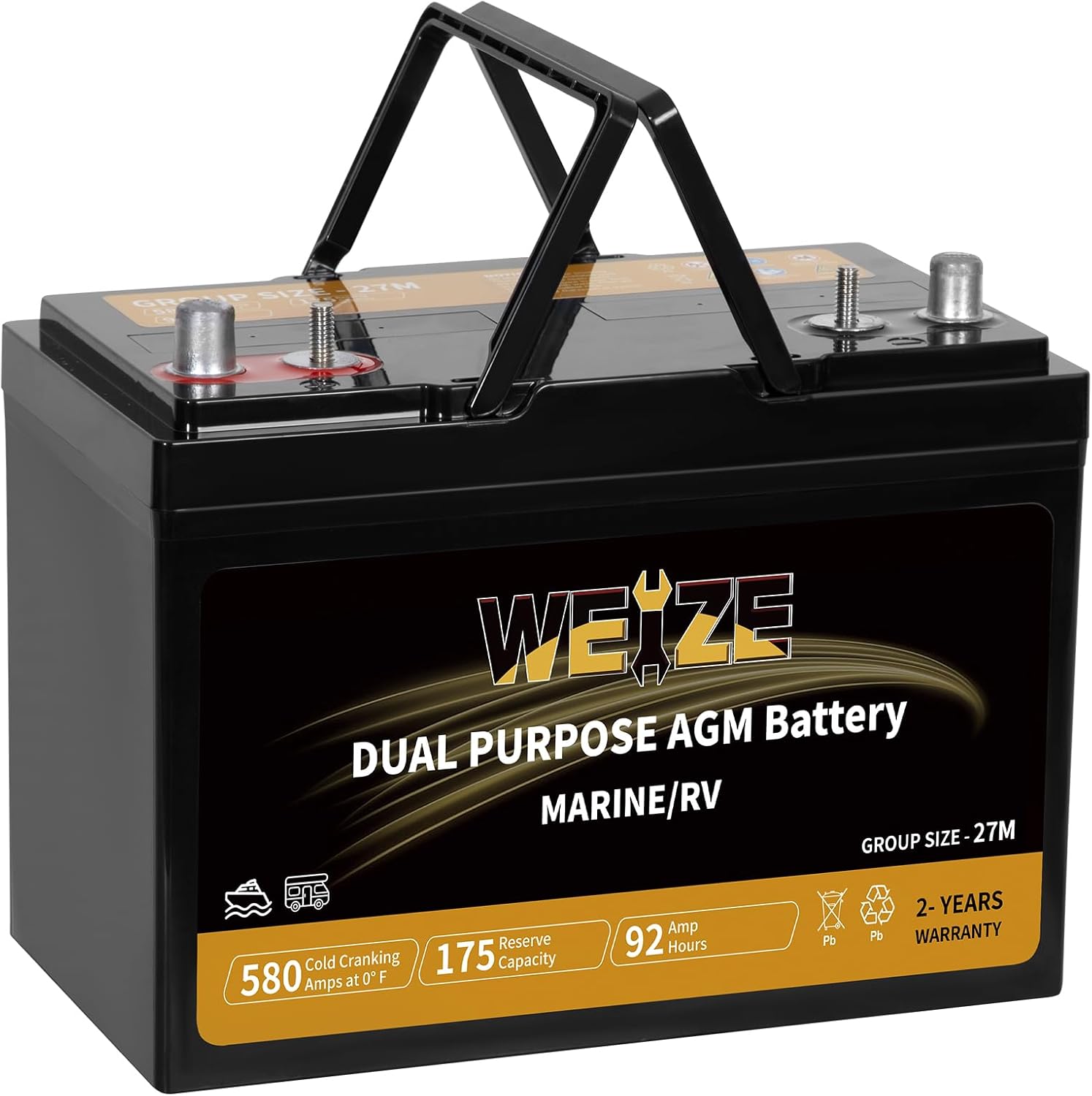 Weize Dual Purpose AGM Battery BCI Group 27M, 175RC 580CCA 12V 92AH Starter & Deep Cycle Sealed Marine & RV Battery