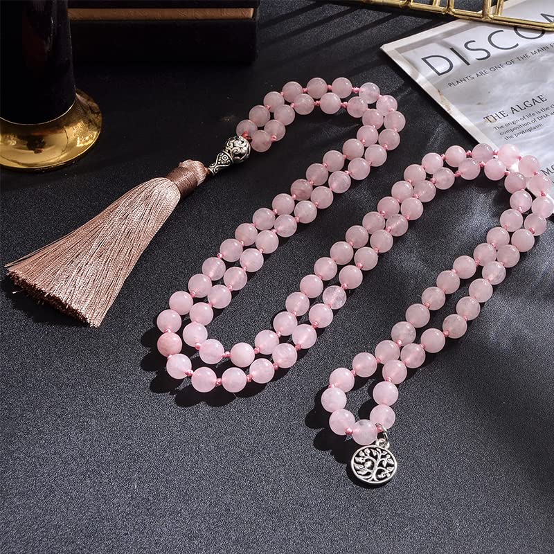 108 Mala Prayer Beads Necklace Natural Stones Meditation Yoga Jewery 108 Hand Knotted Japa Mala Beaded Long Tassel Necklace with Tree of Life Pendant for Men and Women4