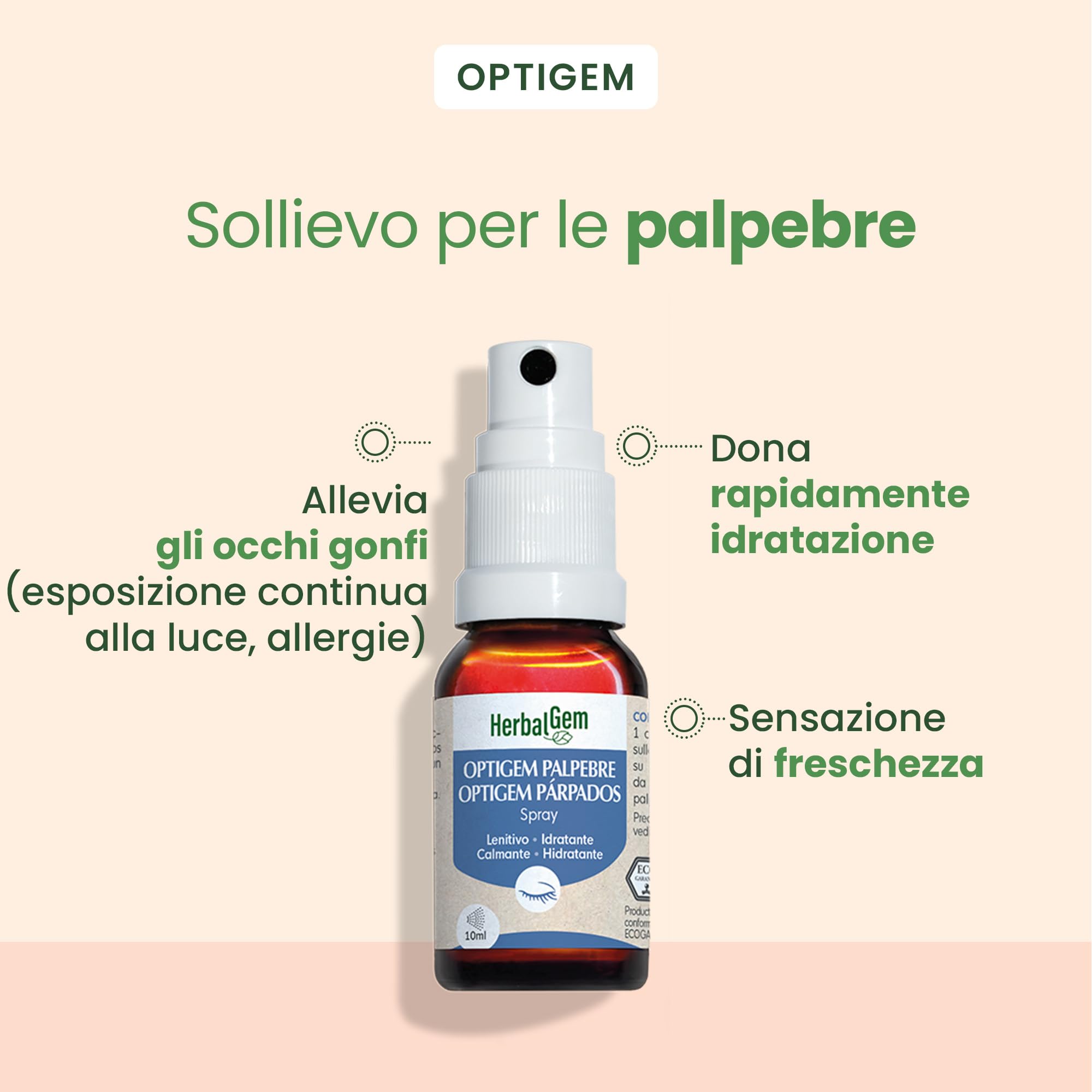 Herbalgem- Spray Palpebre Bio Optigem - Sollievo per Occhi Stanchi e Irritati - Spray Idratante Lenitivo al Fiordaliso -10 ml