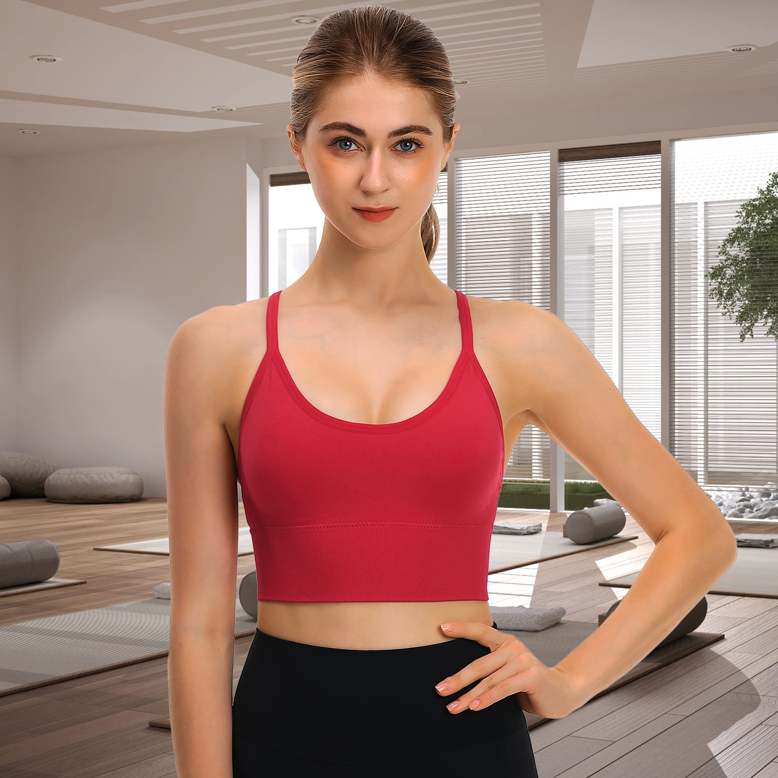 Sujetadores deportivos para mujer, espalda cruzada, acolchados, soporte medio, para yoga, gimnasio, correr, entrenamiento, fitness, B - Rojo, Large