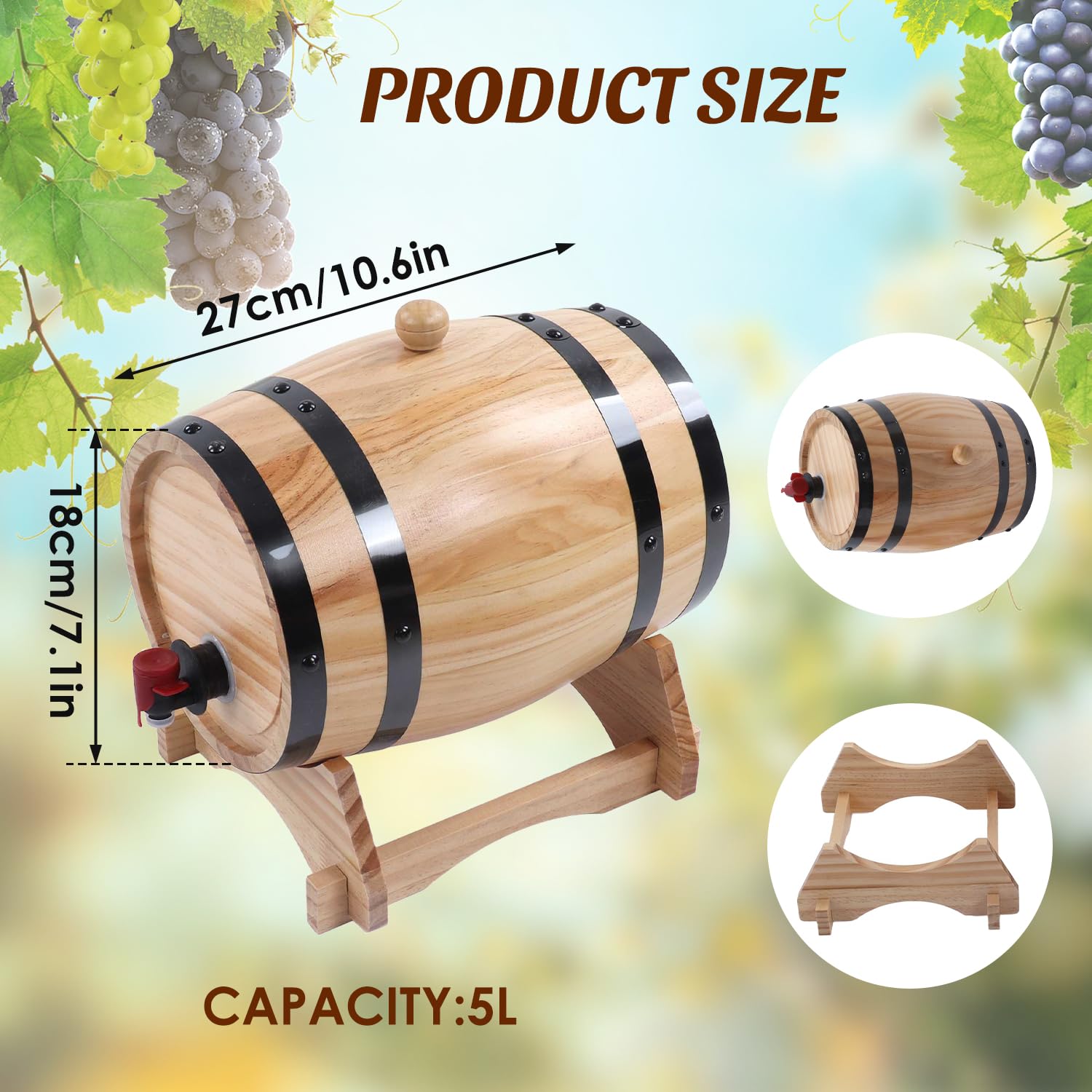 Tissting Botte per Vino, 5L Legno Botti di Birra con Rubinetto e Supporto, Dispenser Pino Barile di Vino Autoprodotto Botti di Invecchiamento Botte per Whisky Vino per Bar e Barbecue