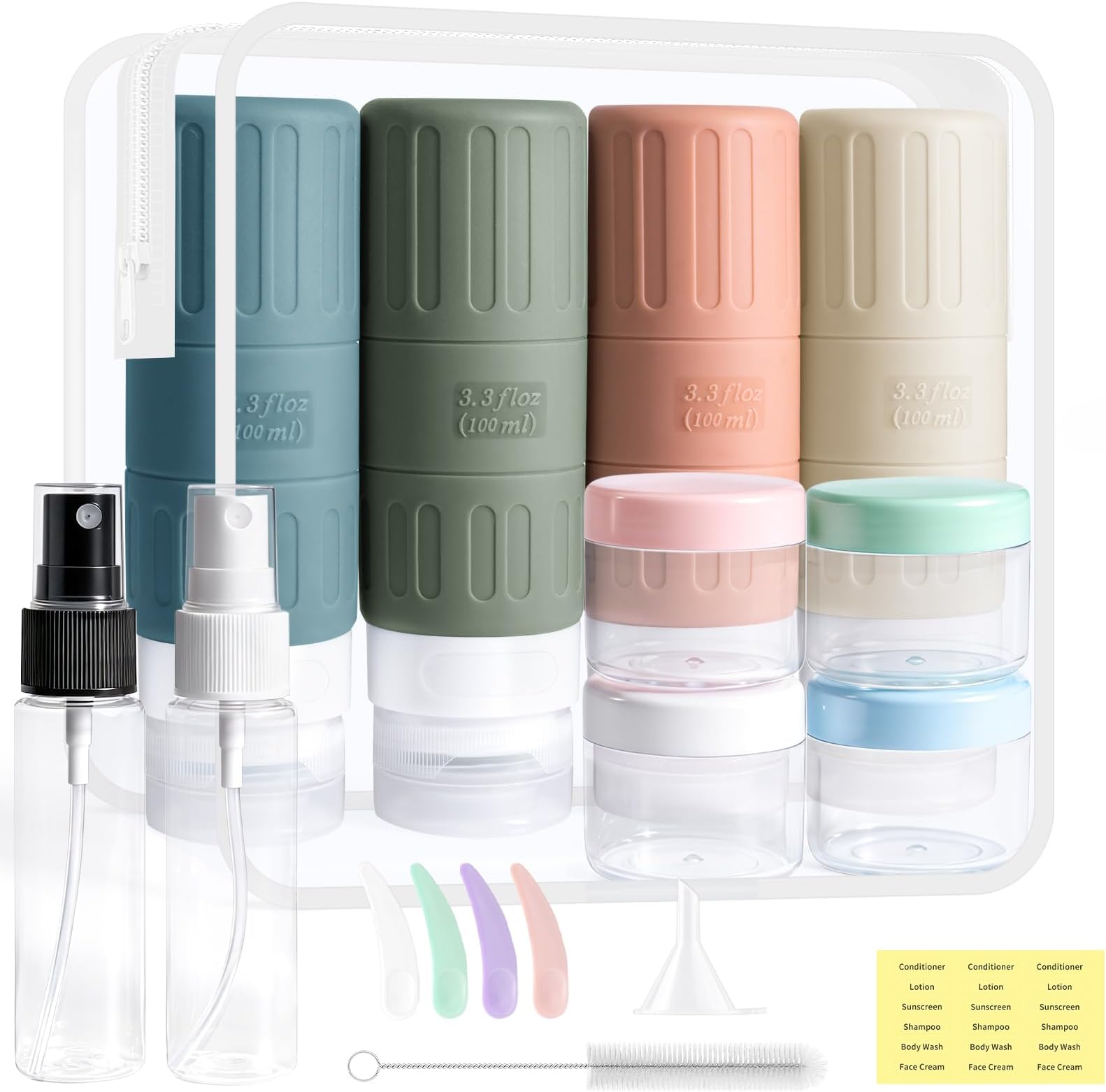 – 18 Pack Leakproof Silicone Travel Bottles for Toiletries,100 ml CAA Travel Containers for Toiletries,Refillable Travel Bottles Set for Shampoo Lotion Travel Essentials Accessorie (Morandi Colours)