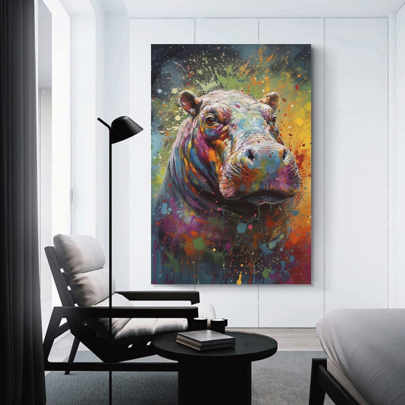 Junmoney Unframe-Style-5 Canvas Art Print Colorful Hippo Painting, 08X12inch(20X30cm), For Office, Study Or Home Workspace, Wall Art That Adds Style To Work Areas