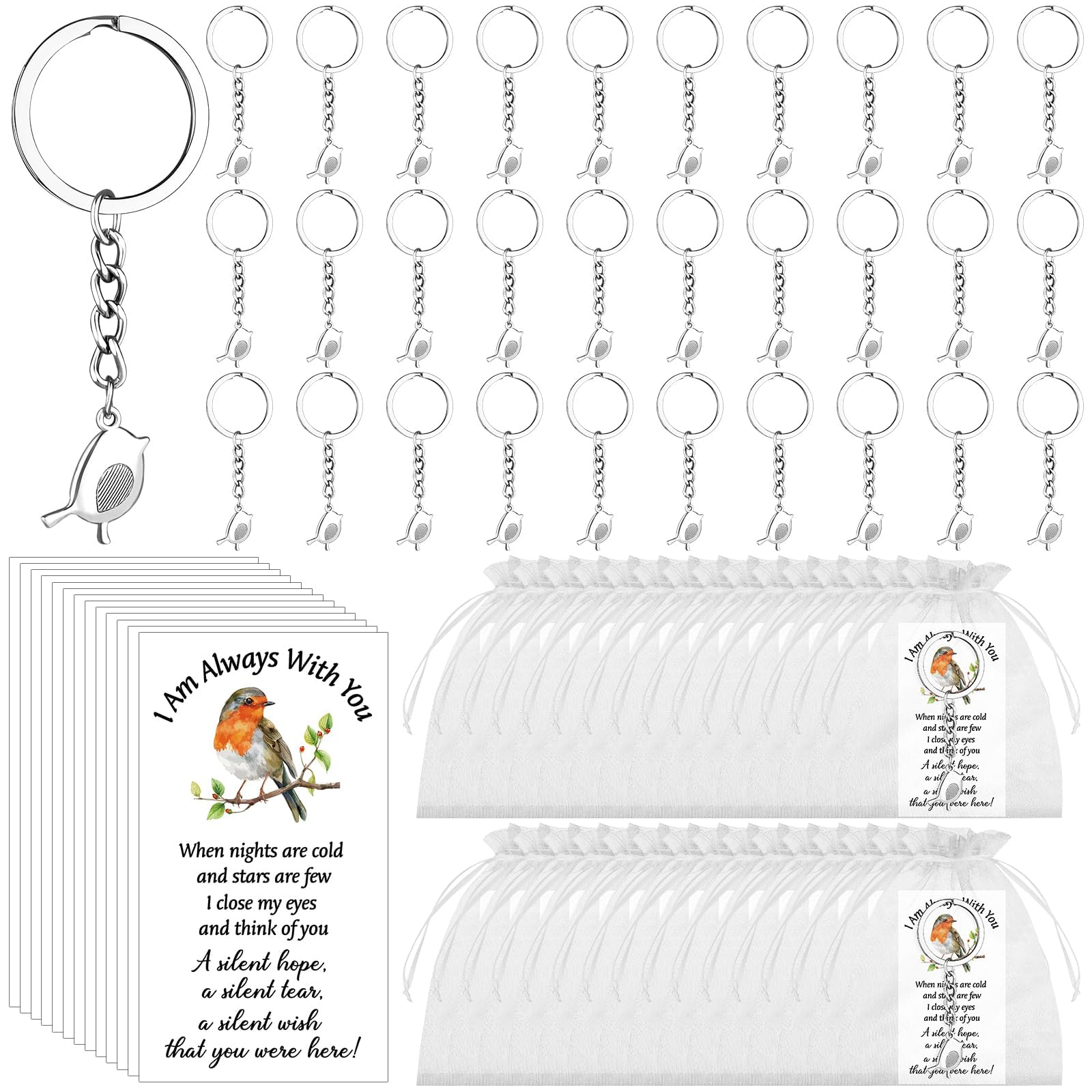 Kklolai 30 Sets Robin Gifts Funeral Favours Bird Memorial Keychains Gifts Bereavement Sympathy Keyring Remembrance Cards Organza Bags for Guests Loss of Loved One