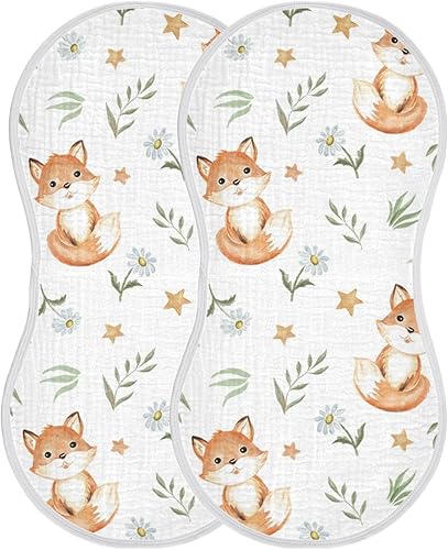 Paquete de 2 paños para eructos para bebé, diseño de dibujos animados de zorro súper absorbentes y suaves, juego de ropa para eructos de algodón