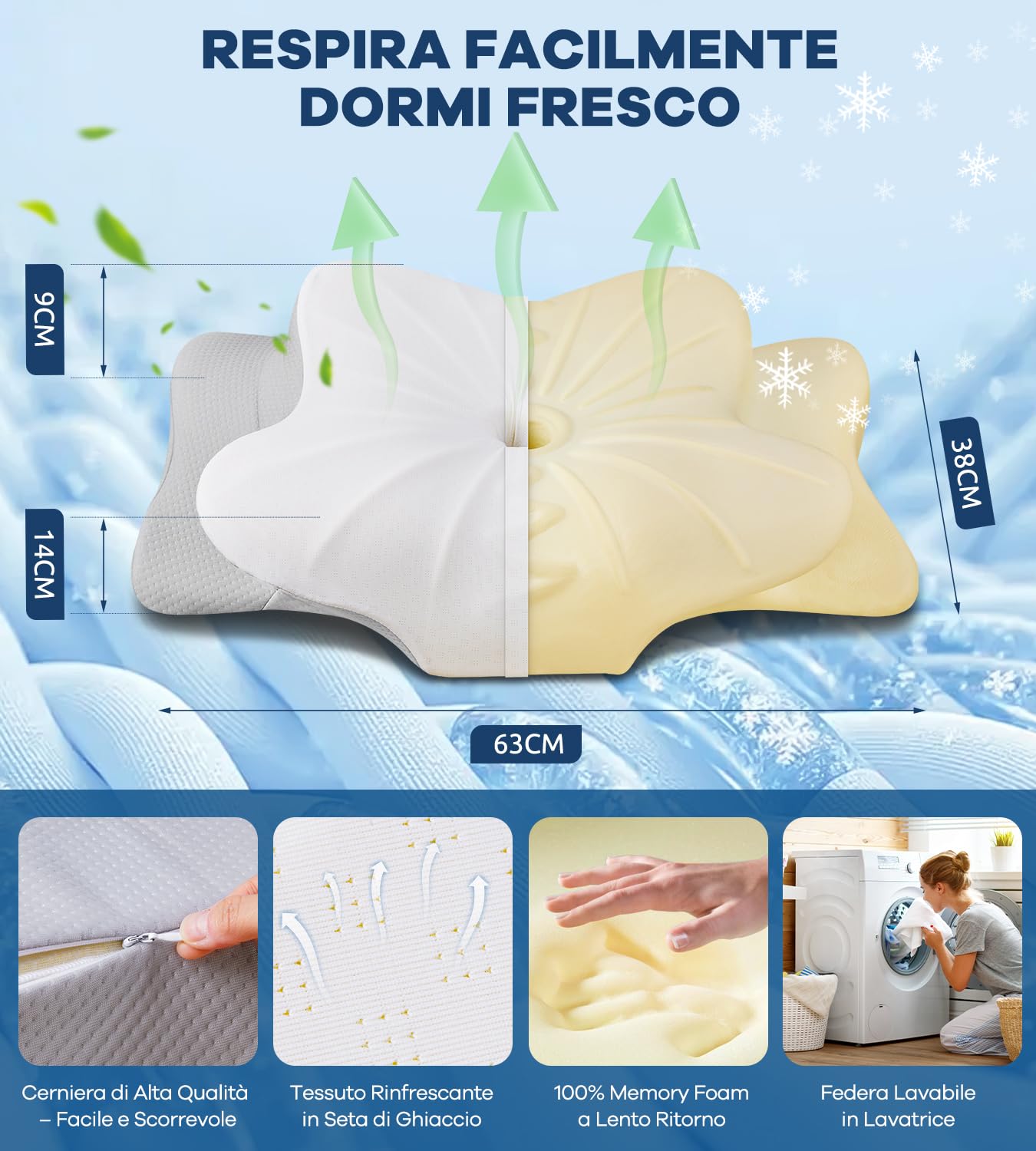 DONAMA Cuscino Cervicale per Dormire, 2 in 1 Cuscino Ergonomico in Memory Foam con Federa Sfoderabile e Lavabile