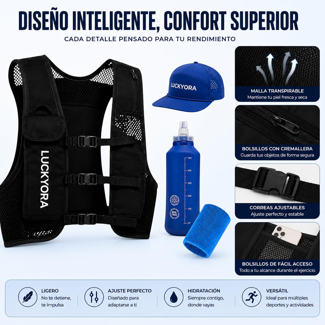 Gilet de course pour homme et femme - Sac à dos d'hydratation avec Soft Flask 500 ml, casquette et poignet - Gilet léger respirant pour course