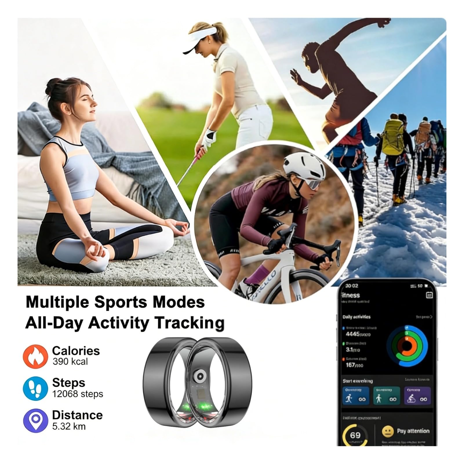 Anello di Salute Intelligente, Anello Fitness Tracker Ultraleggero Impermeabile IP68, Monitor Sportivo Ricaricabile Contapassi Monitoraggio del Sonno
