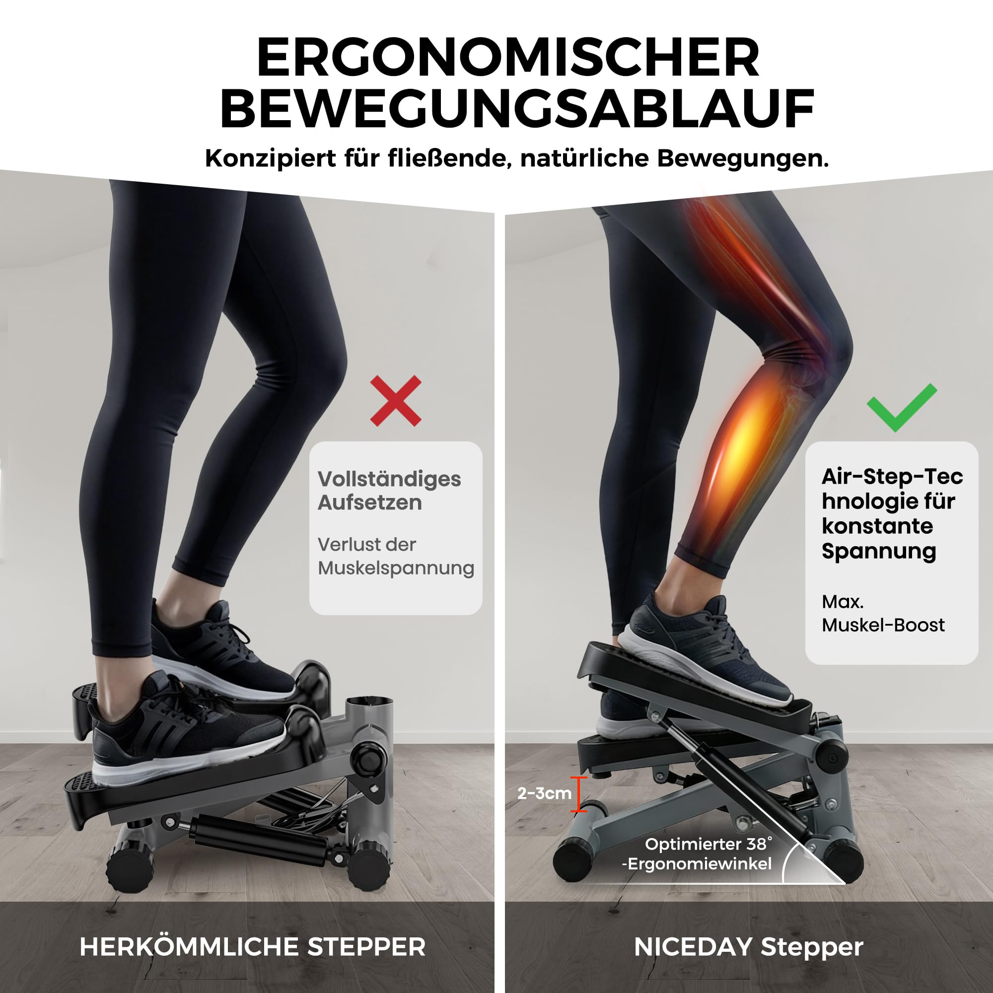 Niceday Mini Stepper for Home | Up-Down Stepper with Power Ropes | Home Trainer with LCD Display | 2 in 1 Training Device up to 100 kg | Leg/Arm Trainer, Home Fitness Exercise.