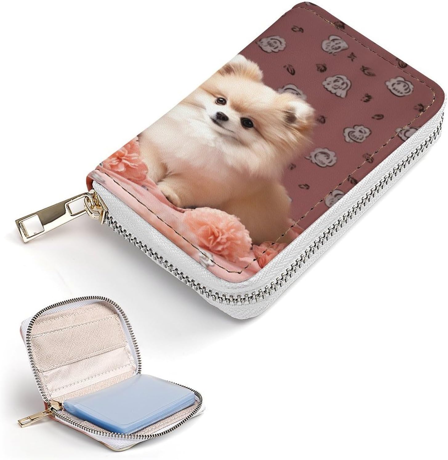 Leather Card Organizer Case Card Wallet Credit Card Holder Pomeranians Puppies And Point Printed Zipper Card Cases Holder for Women Men