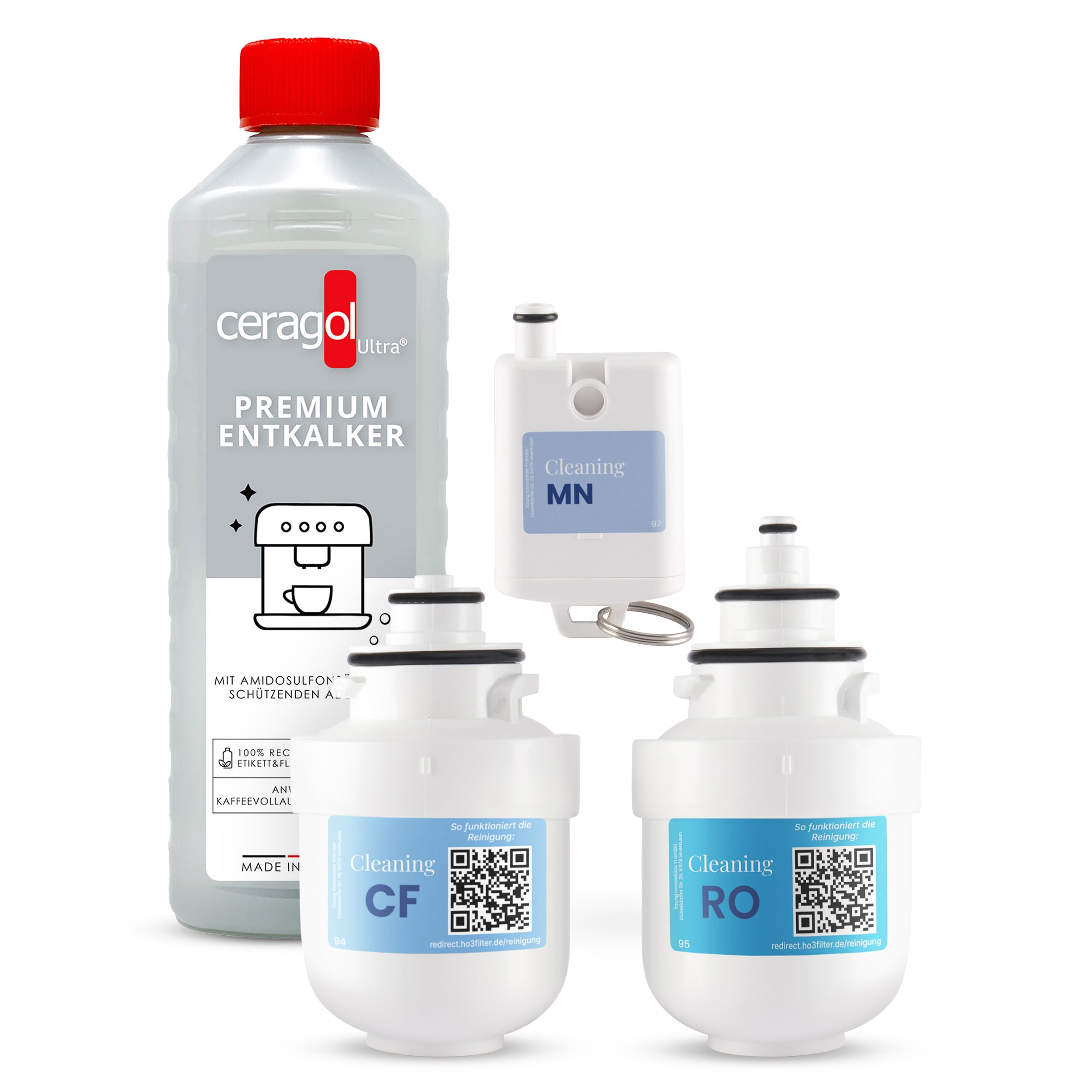 HO3 Home One Reinigungsset zur Entkalkung, Ceragol Premium Entkalker, Leerfilter, wiederverwendbar