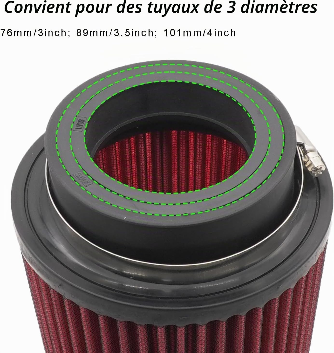 Filtre à air universel de voiture - Filtre à air de rechange pour 76 mm, 89 mm, 101 mm - Kit d'admission - Filtre à air froid universel haute performance - Lavable et réutilisable (rouge)