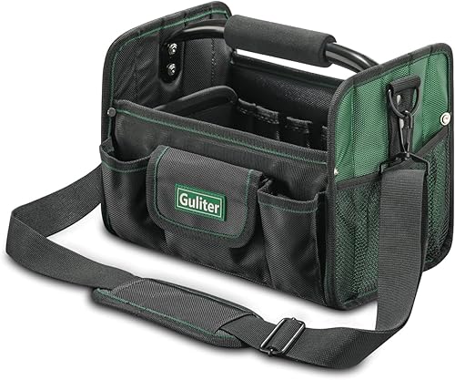 Bolsa de herramientas pequeña de 11 pulgadas, bolsa de herramientas superior abierta con mango de acero inoxidable y correa de hombro ajustable, 21