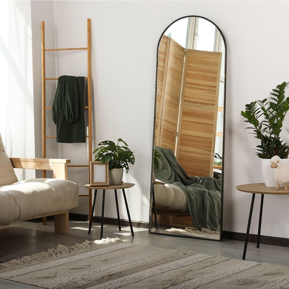 GAON. Espejo De Piso Cuerpo Completo De Pared Arqueado con Luz Led de 3 Tonos Decorativo con Soporte y Marco para Dormitorio Sala Comedor o Cuarto de 143cm