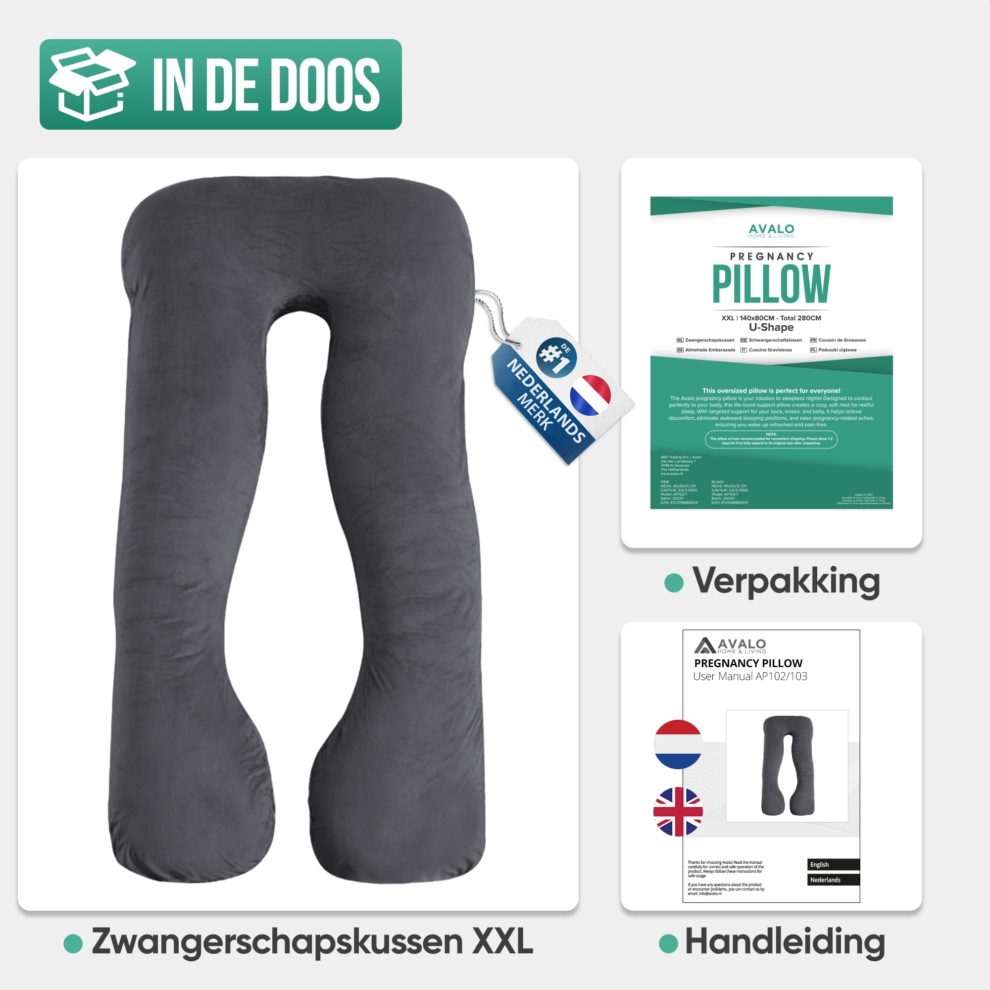 Avalo Cojín de Maternidad XXL 280 cm - Cojín lateral en forma de U - Cojín ergonómico para el cuerpo - Cojín de Nutrición y Almohada para el Cuerpo para Mujeres Embarazadas - Gris Oscuro