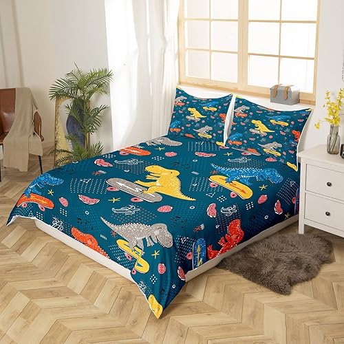 Miniatura 4 de Cute Dinosaur Duvet Cover Queen Size Skateboard Comforter Cover with 2 Pillowcase for Teens Adults Kids Rock Dinosaur Bedding Set Hip Hop Breathable