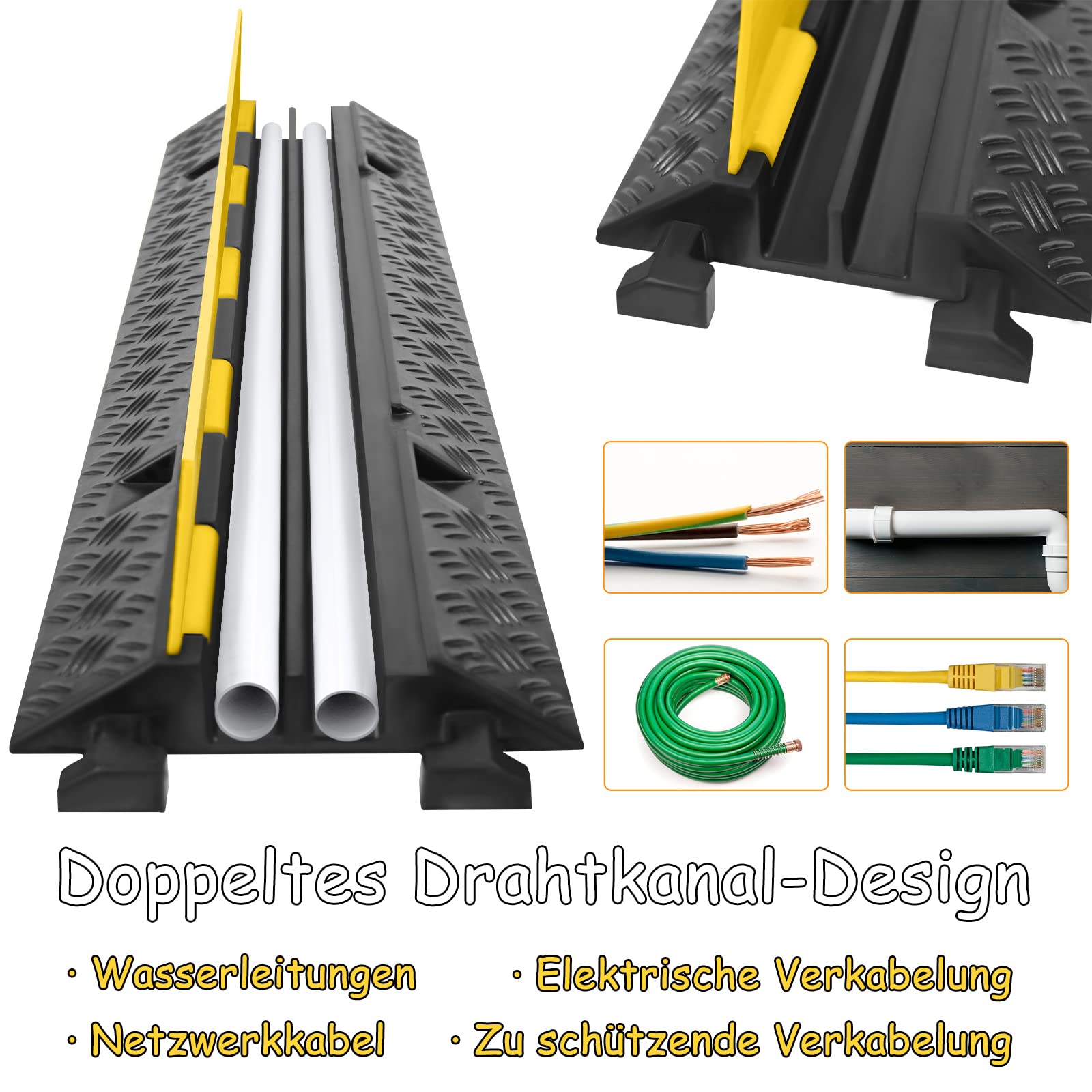 NAIZY Pont de Câble 4X Canal de Sol en Caoutchouc Canal de Câble Extérieur Tapis de Protection des Câbles avec Couvercle Canal de Câbles Pliable Antidérapant, Noir+Jaune
