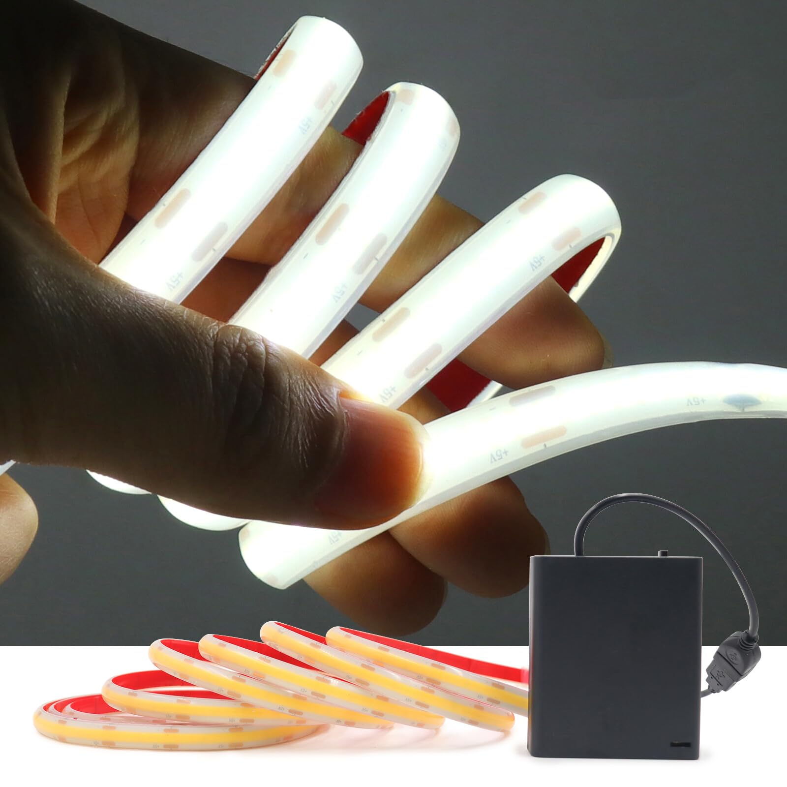KAFULA 5V COB LED Strip [0.5M, White 6000-6500K], Battery Powered, IP68 Waterproof Flexible, 320 LEDs/m Silicone FCOB LED Fairy Lights CRI85+, Cuttable Every 2.5cm (Batteries Not Included) — image 1
