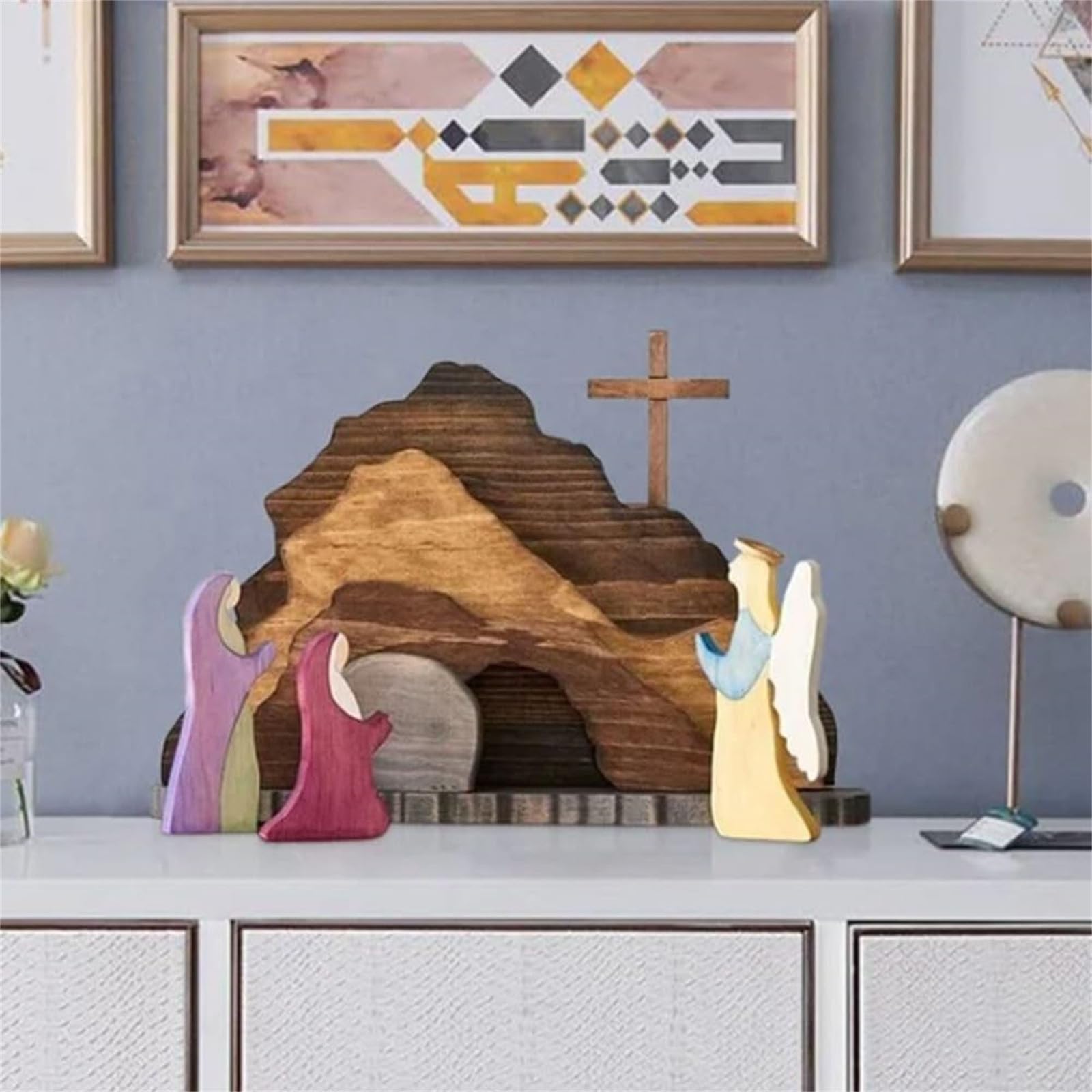 Ostern Auferstehungs Szenen Set Osterkrippe, Ostergrab Set aus Holz, Osterdeko Jesus Krippe Statuen Mit Leerem Grab, Abnehmbares Religiöses Kunsthandwerk, Osterstatuen Dekor, Christliches Dekor