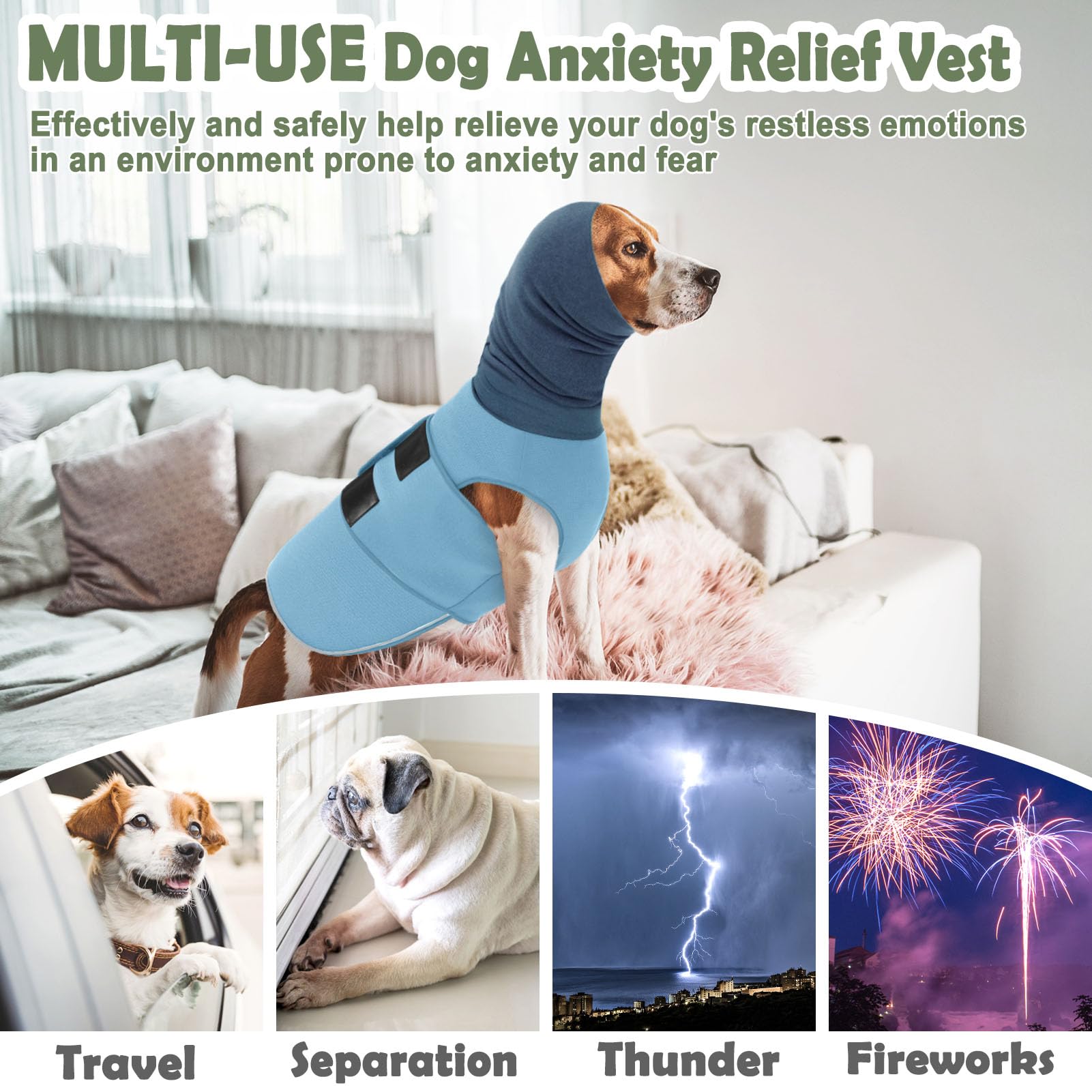 KOESON Beruhigender Kapuzenpullover für Hunde, Donnerjacke mit Ohrwickel, atmungsaktive Hunde-Angstweste für Donner, Feuerwerk, Reisen, Trennung, Komfort, Haustier-Angstlinderung, Hellblau, Größe L