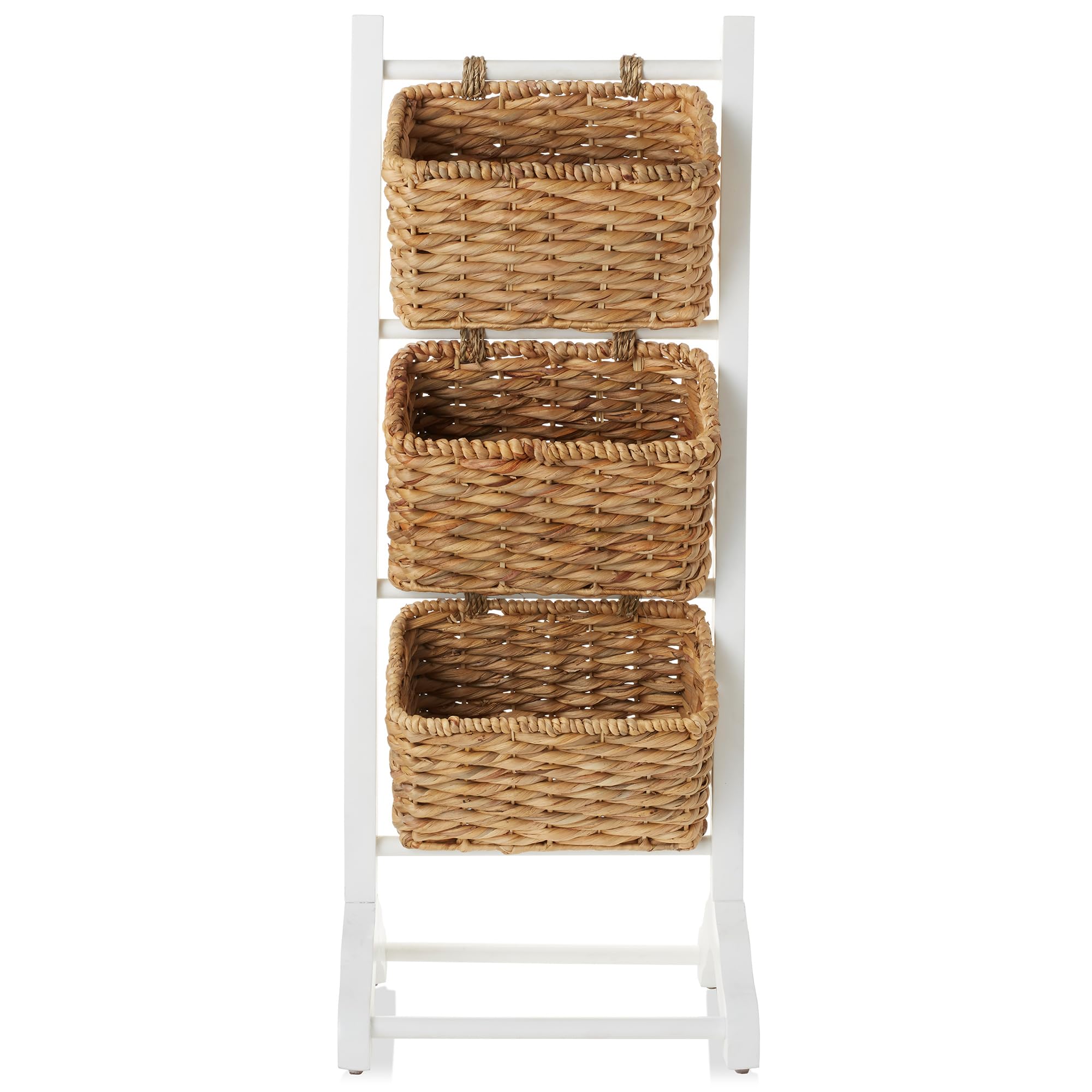 Casafield 3-stöckiger Bodenständer mit Aufbewahrungskörben aus Wasserhyazinthe, Weiß/Natur – Stehender Organizer Rack für Badezimmer, Küche, Wäsche, Wohnzimmer