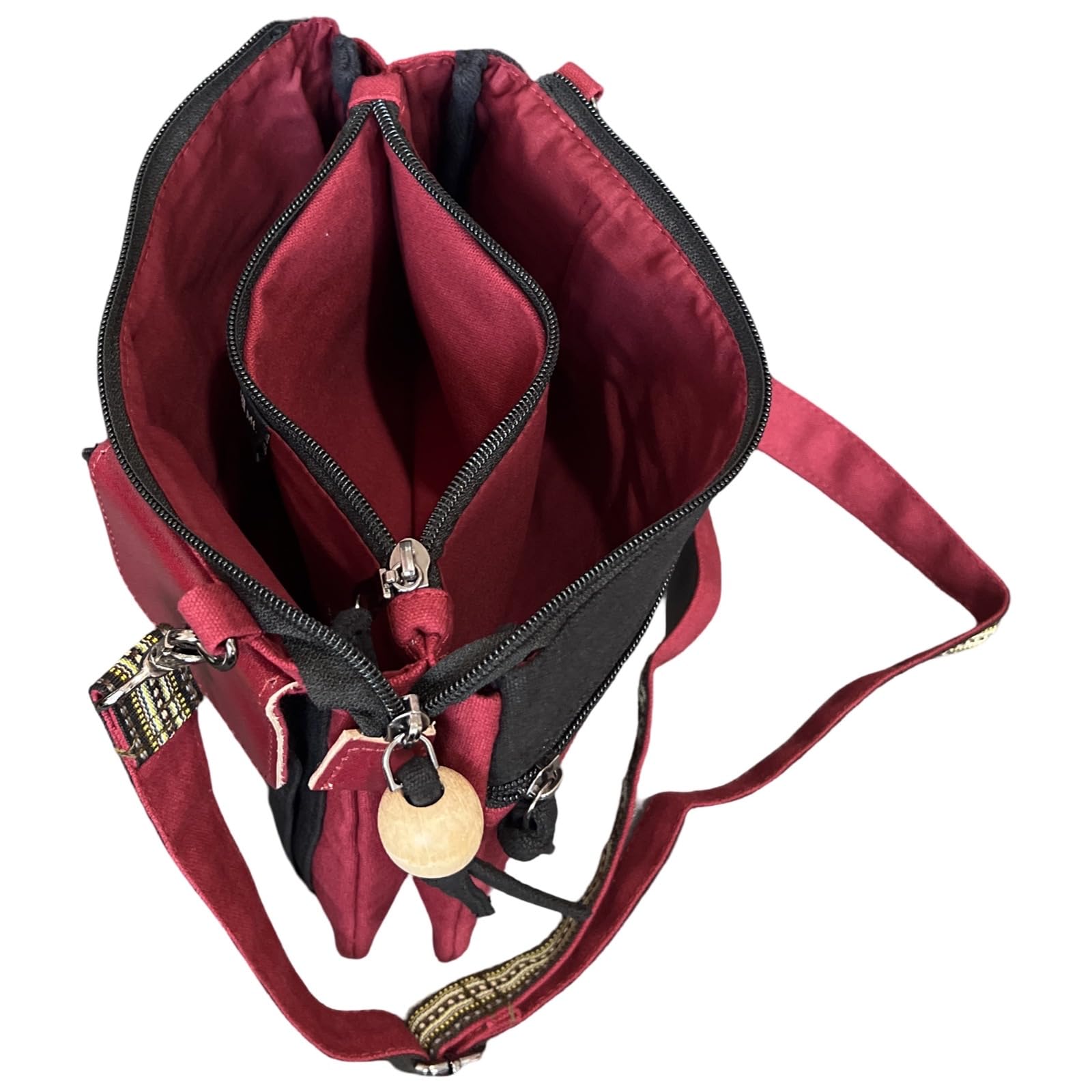 Macha Bolso pequeño de algodón étnico con estampados coloridos e inserciones de cuero, Bolso de hombro de algodón y cuero indio étnico para mujer. (Burdeos)