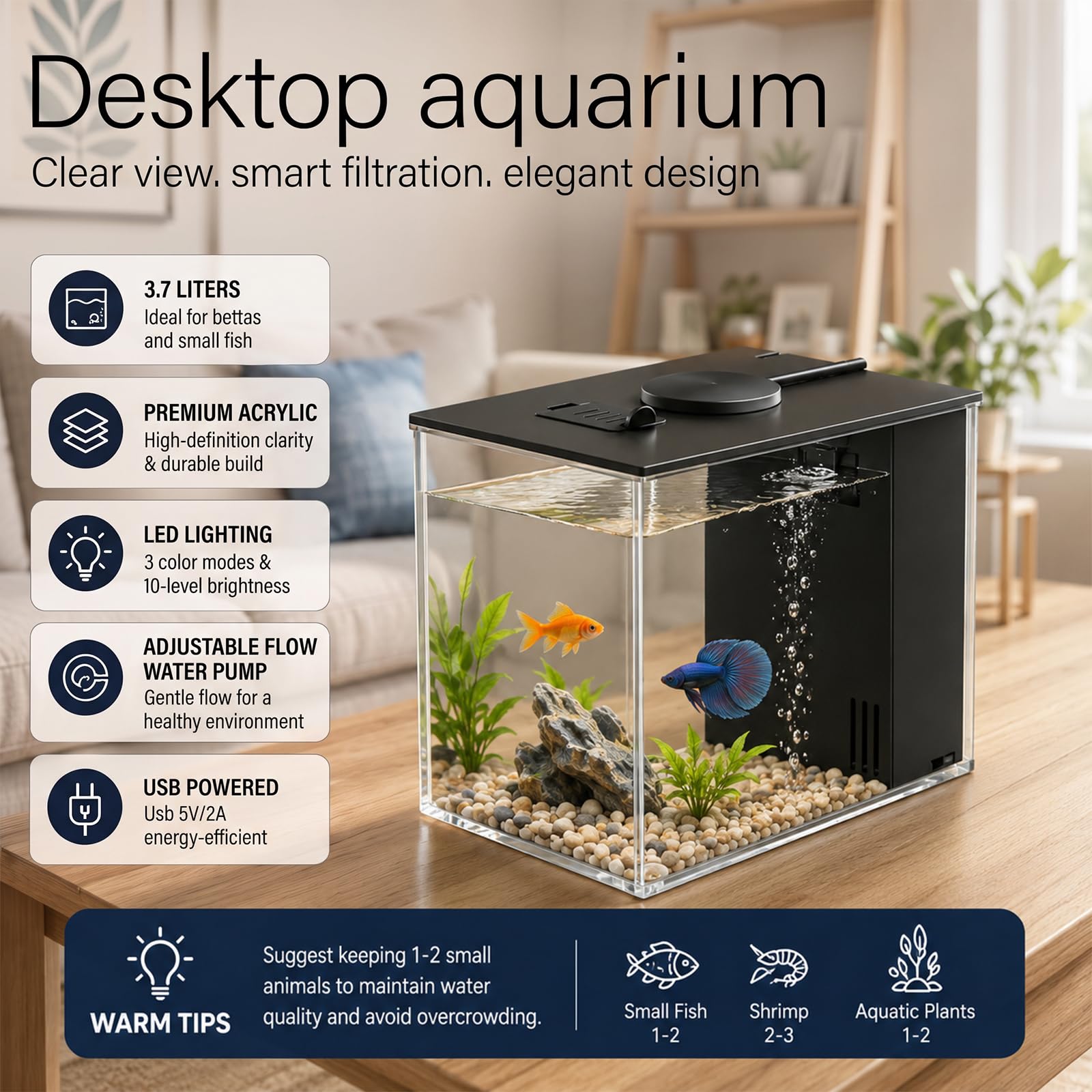 Mini Acuario Acrílico 3,7 L Kit Completo con Luz LED y Bomba de Filtro, Nano Acuario Compacto para Betta, Camarones y Plantas Acuáticas Decoración Interior