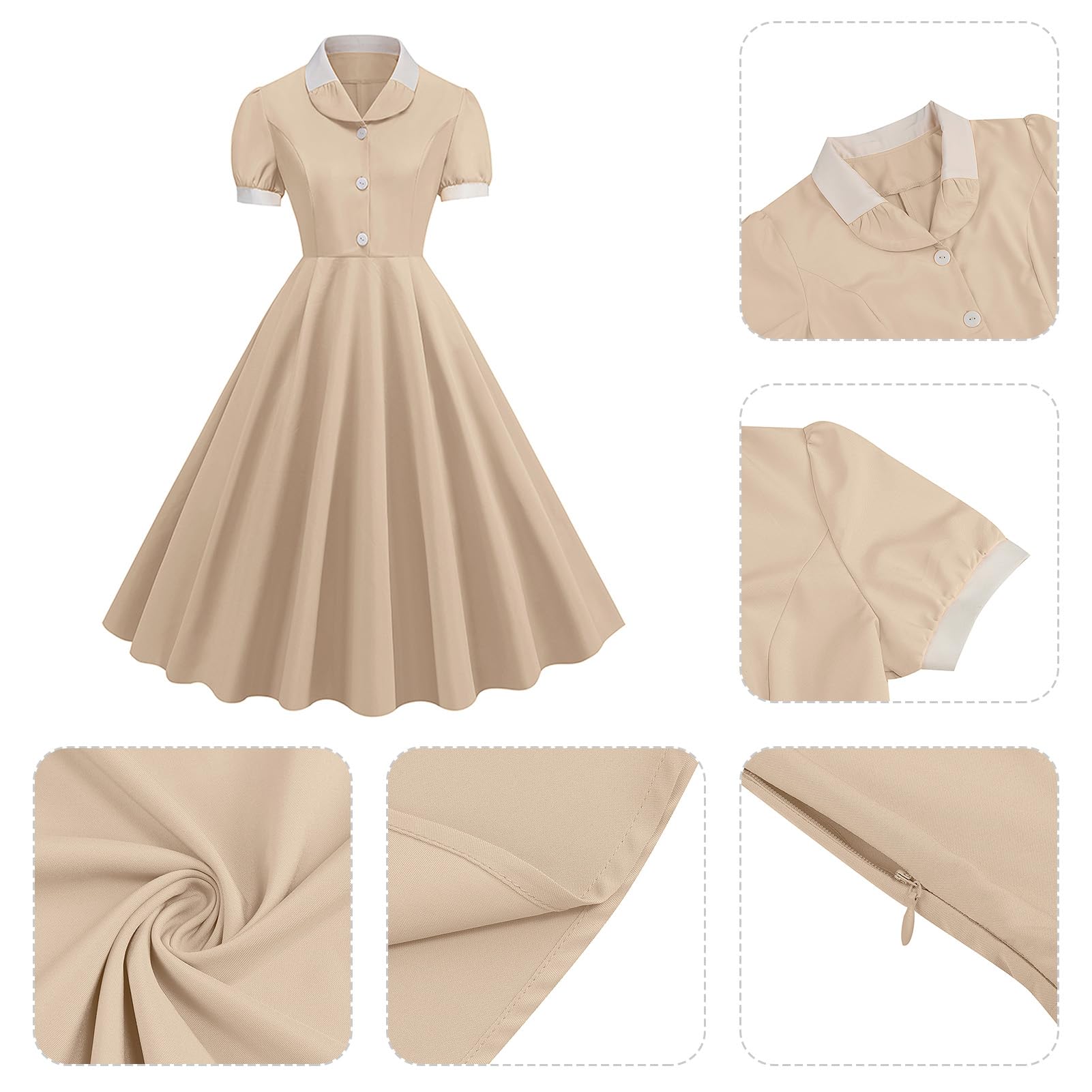 Robe vintage des années 1950 pour femme - Manches courtes - Col à revers - Style rétro rockabilly - Pour cocktail, fête