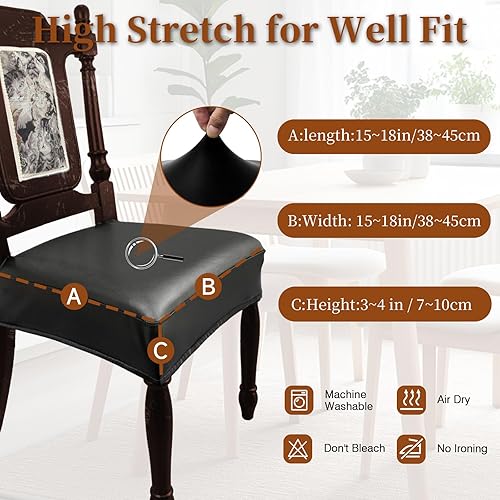 Miniatura 6 de Juego de 6 fundas de asiento impermeables para sillas de comedor, fundas de asiento de cocina de cuero, resistentes a las manchas, fundas elásticas