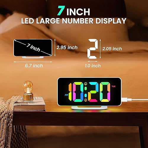 Miniatura 8 de SMOUPING Reloj despertador digital con luz nocturna RGB dinámica colorida, volumen y color ajustable, puerto de carga USB-C, reloj de mesa de noche