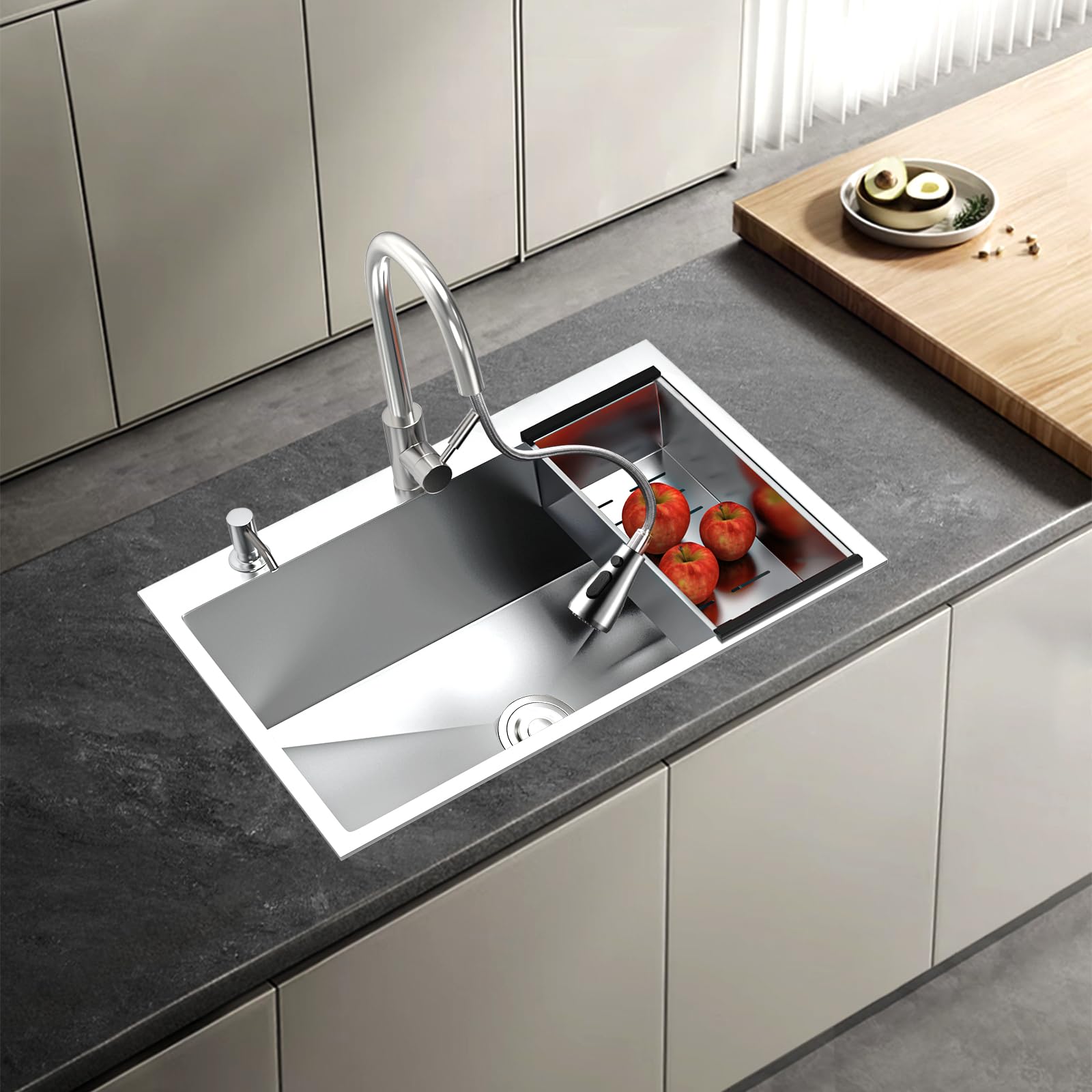 Fregadero Cocina 1 Seno 80 x 50 cm Fregadero Bajo Encimera o Sobre Encimera Con Grifo Fregadero de Acero Inoxidable con Juego de Desagüe