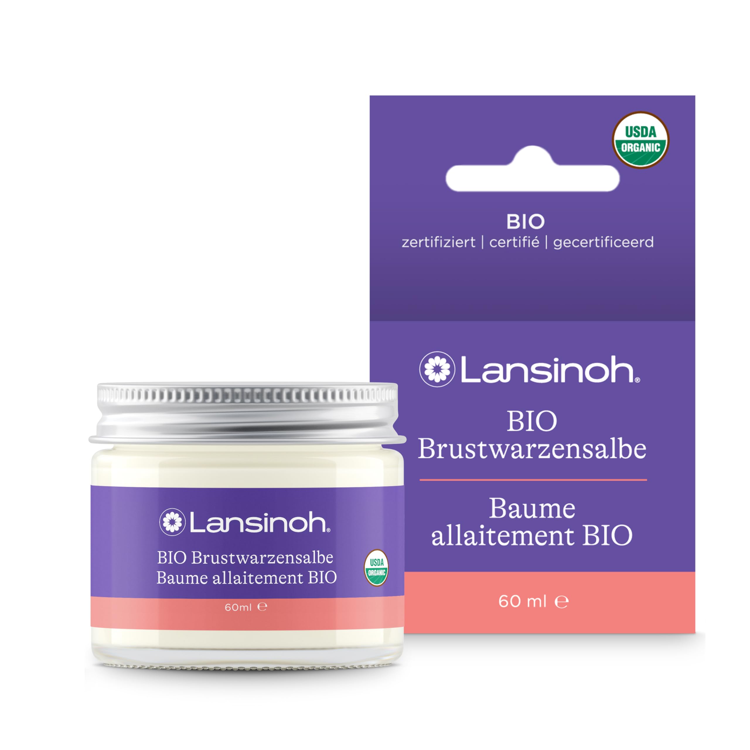 Lansinoh BIO Brustwarzensalbe - 100% Bio Inhaltsstoffe - sicher für Mama und Baby mit Kokosöl und Arganöl, 60 ml