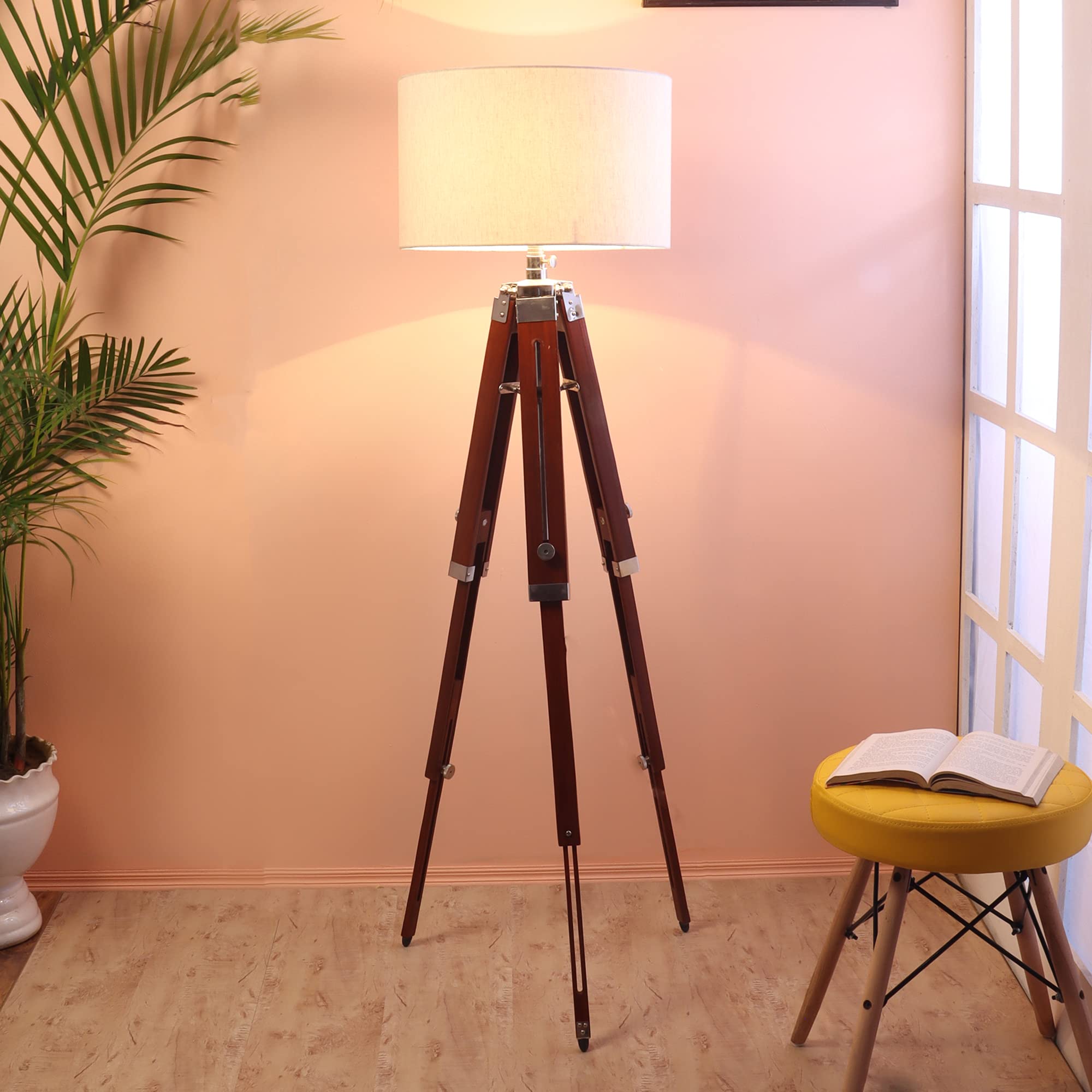Beverly studio Beige Drum Brown Wooden Tripod Floor lamp