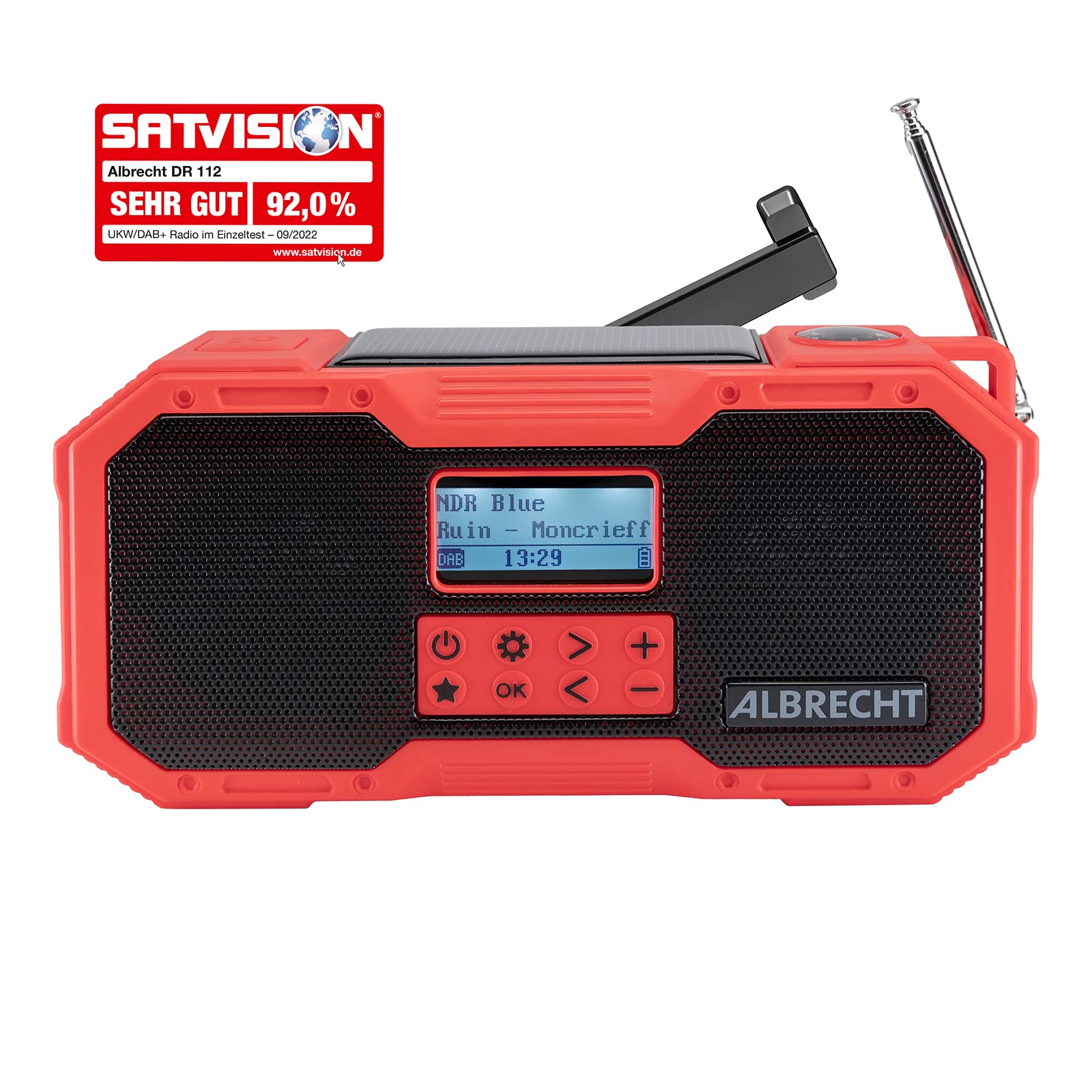 Albrecht DR 112, tragbares DAB+/UKW Outdoor Kurbelradio, 27911, SOS-Notruf, Taschenlampe, Solarmodul, PowerBank, IPX5 Wasserschutz