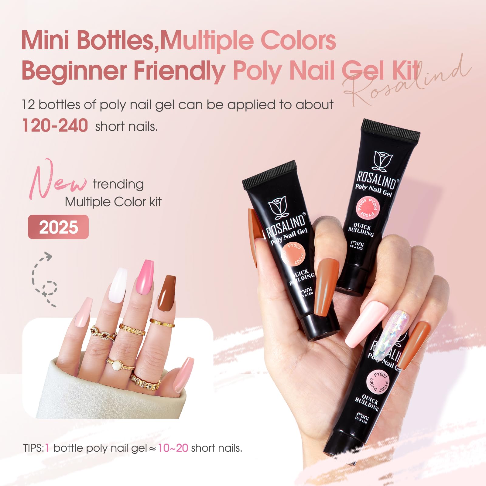 ROSALIND Uñas Poligel Kit Completo, 12pcs 10ml Gel Extensión de Uñas con UV Lámpara, Base&Top Coat, Nail Art Kit Uñas de Gel Completo para Bricolaje en Casa & Profesionales Salón
