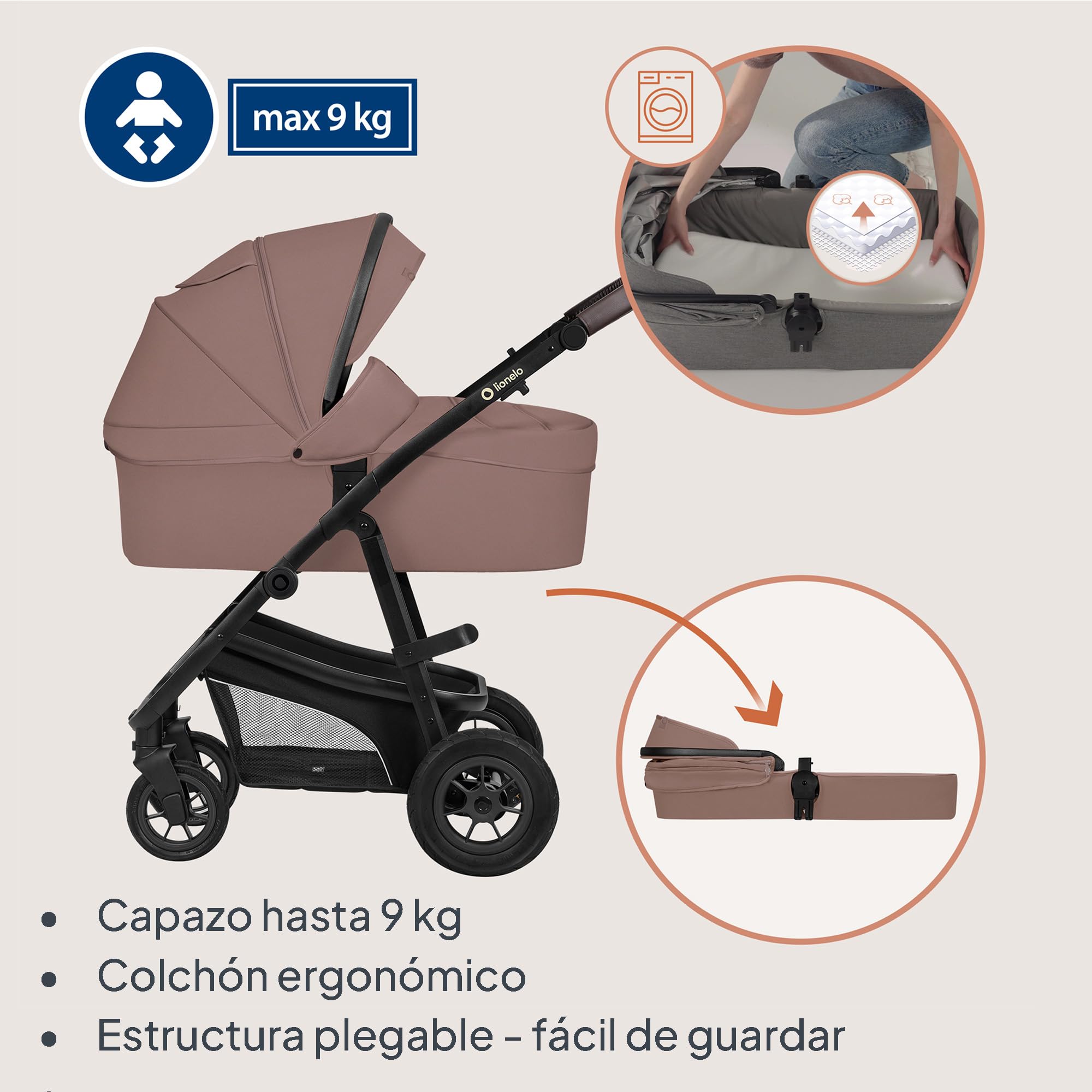 LIONELO BIANKA Cochecito de Bebé 3 en 1 (22 kg) Portabebés (9 kg) Silla de Coche (13 kg), Plegable, Sistema de Viaje Respaldo Ajustable Ruedas 360o Amortiguación, Capota XXL, Carrito de Bebe